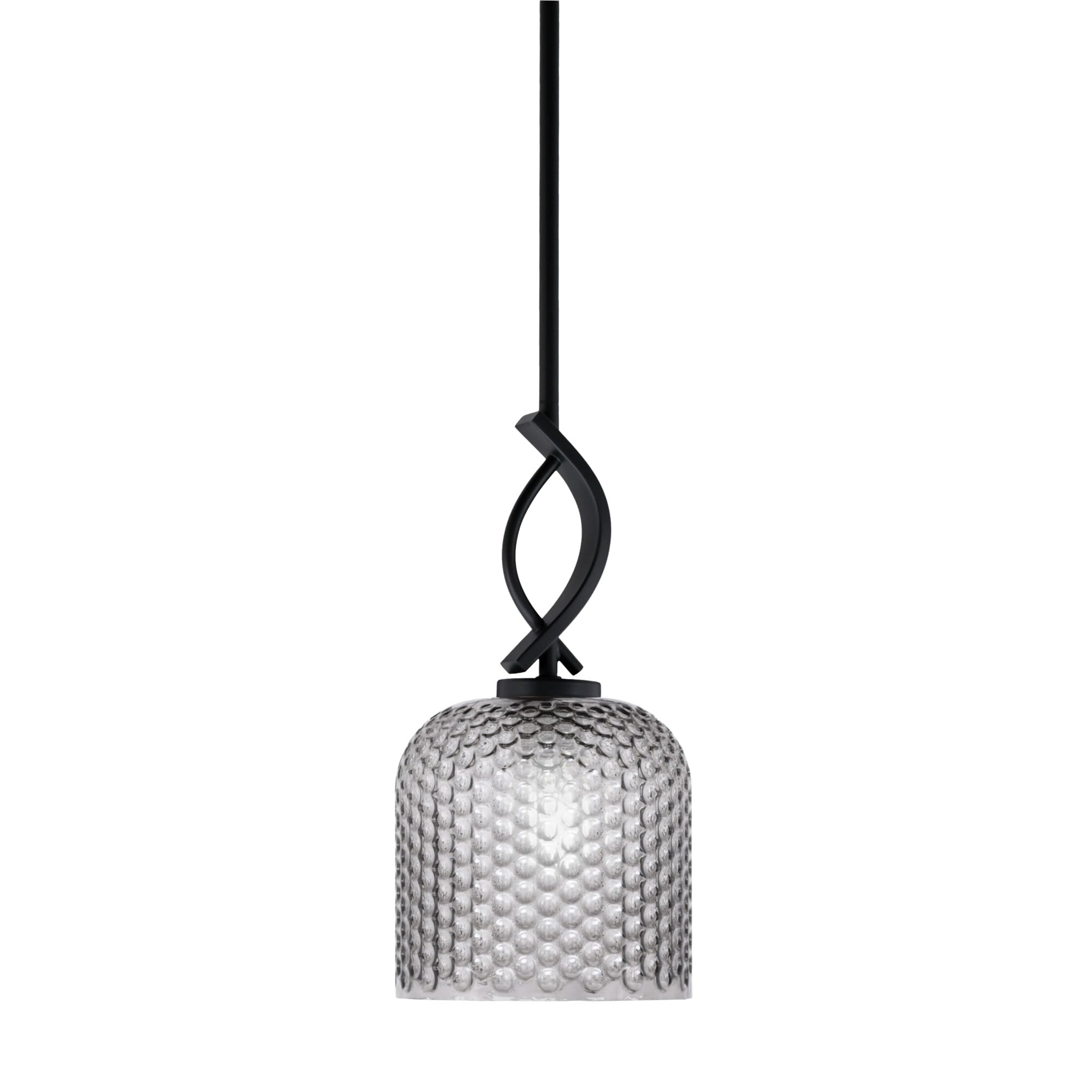 Cavella 1 Light Mini Pendant Shown in Matte Black Finish with 7&quot; Smoke Textured Glass