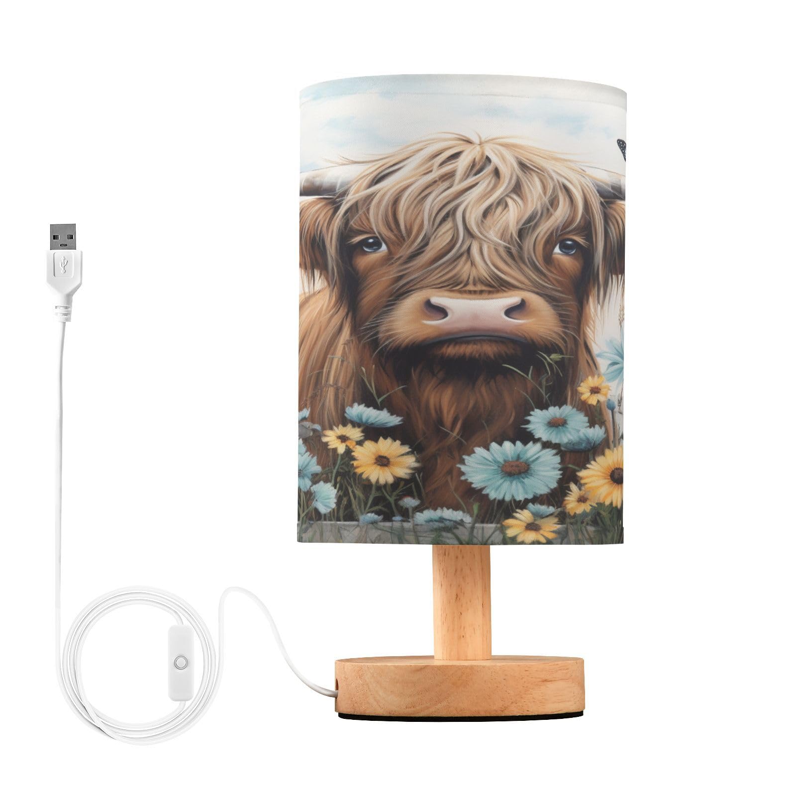 ARGTILDN Highland Cows Daisy Wooden Vintage LED Table Lamp for Bedroom Bedside Lamp with USB Charging Ports Decor Nightstand for