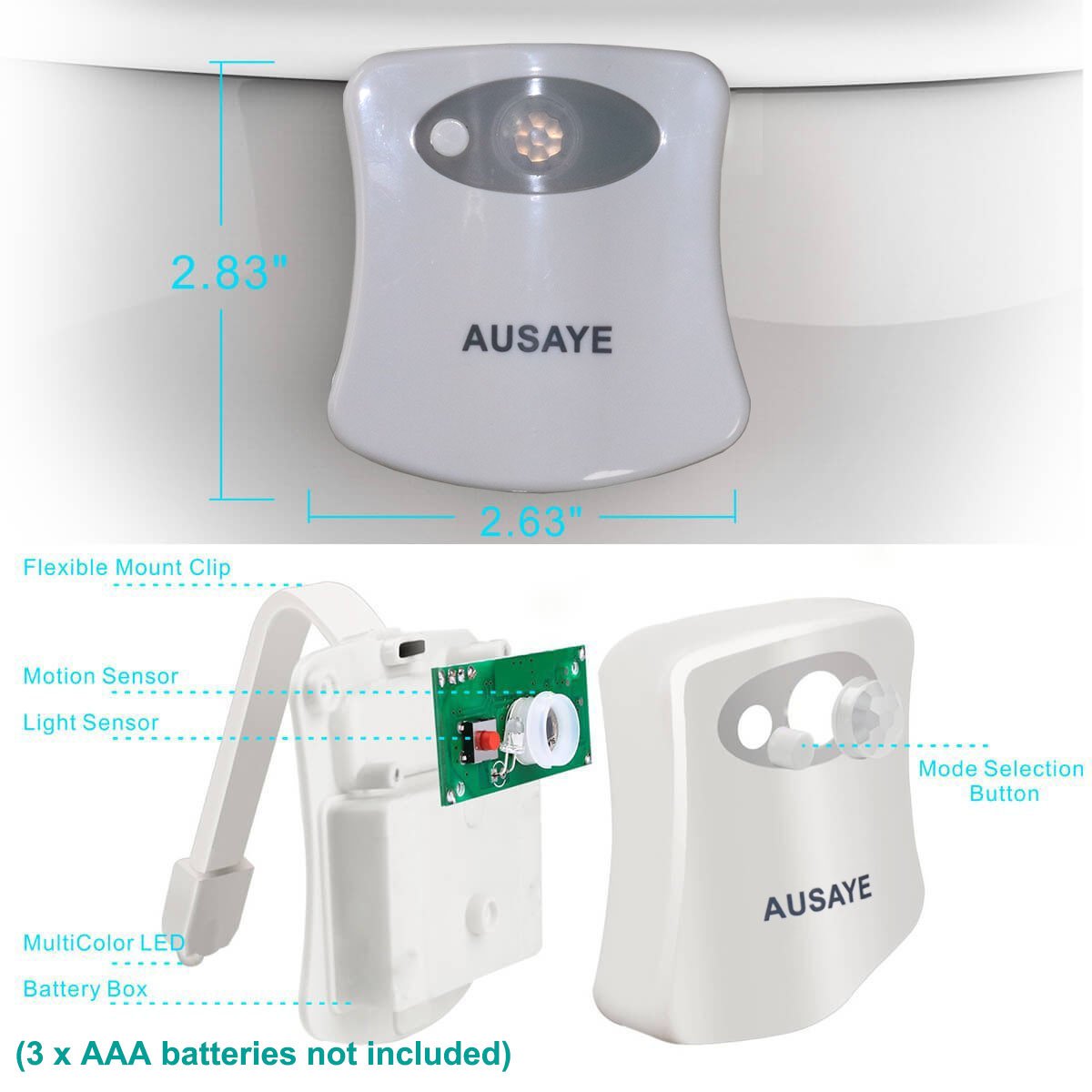 AUSAYE Toilet Night Light, 16 Color Changing, Motion Sensor, 2 Pack, Plastic