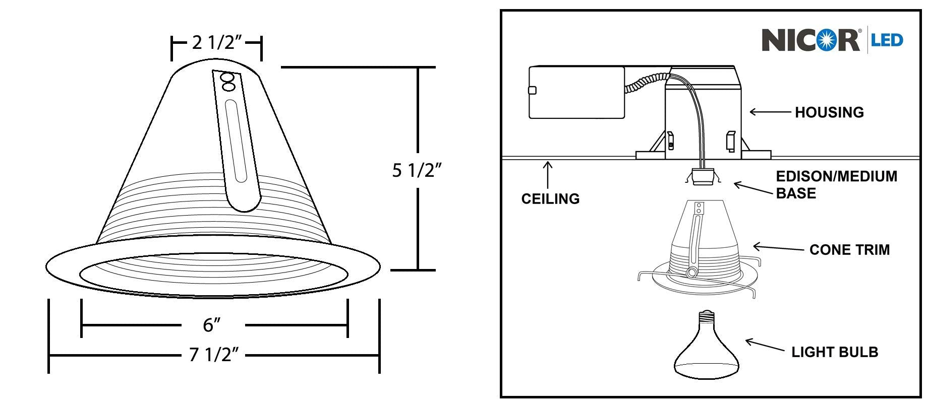 Nicor Lighting 6 Inch Nickel Airtight Cone Baffle Trim  Fits 6 Inch Housings (17550Ank)