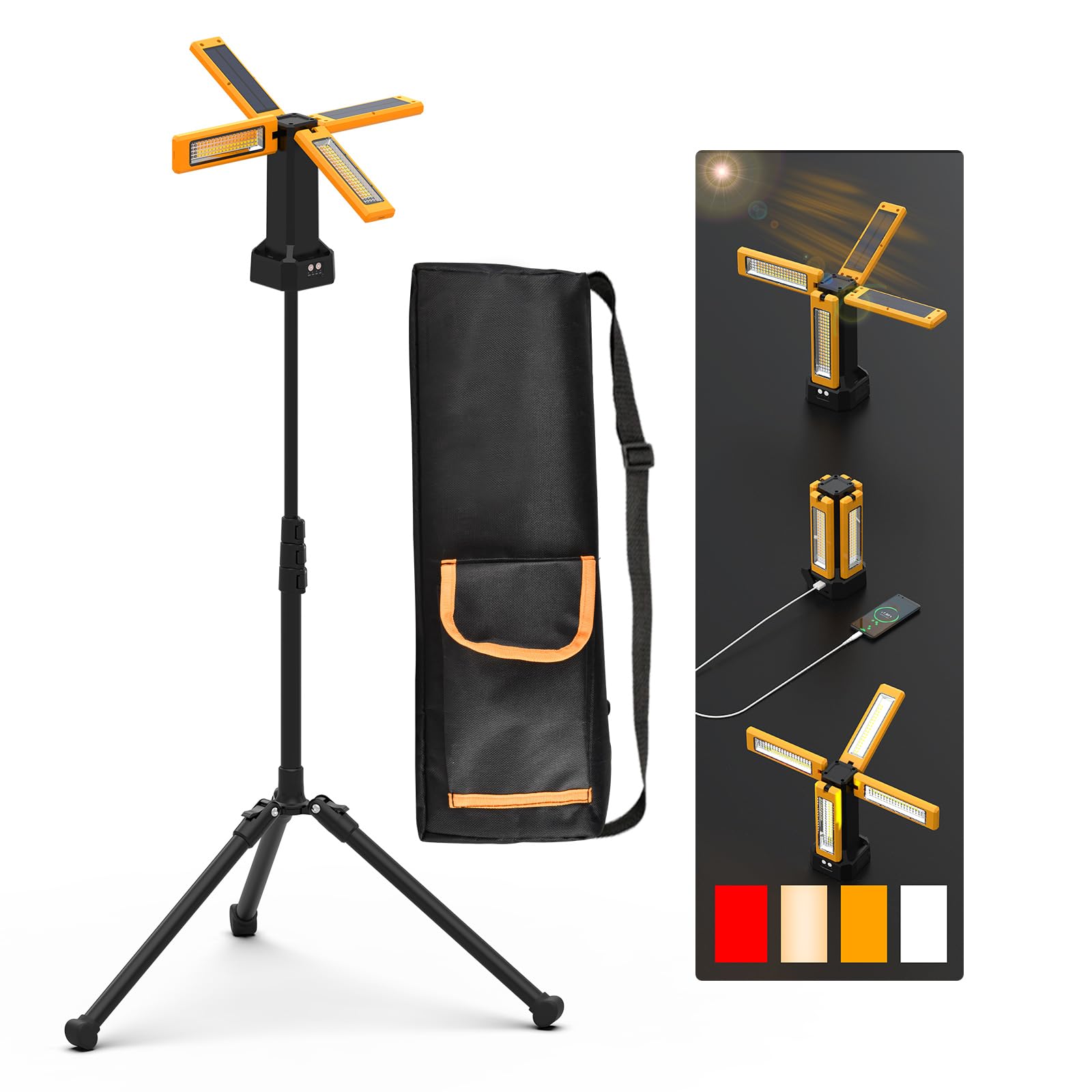 Iodoo 13200Mah Rechargeable Solar Work Light With Folding Stand Support And Portable Carrying Bag, 8000 Lumen Stepless Dimmable, 4 Lighting Modes, White/Warm/Warm White (Standard)