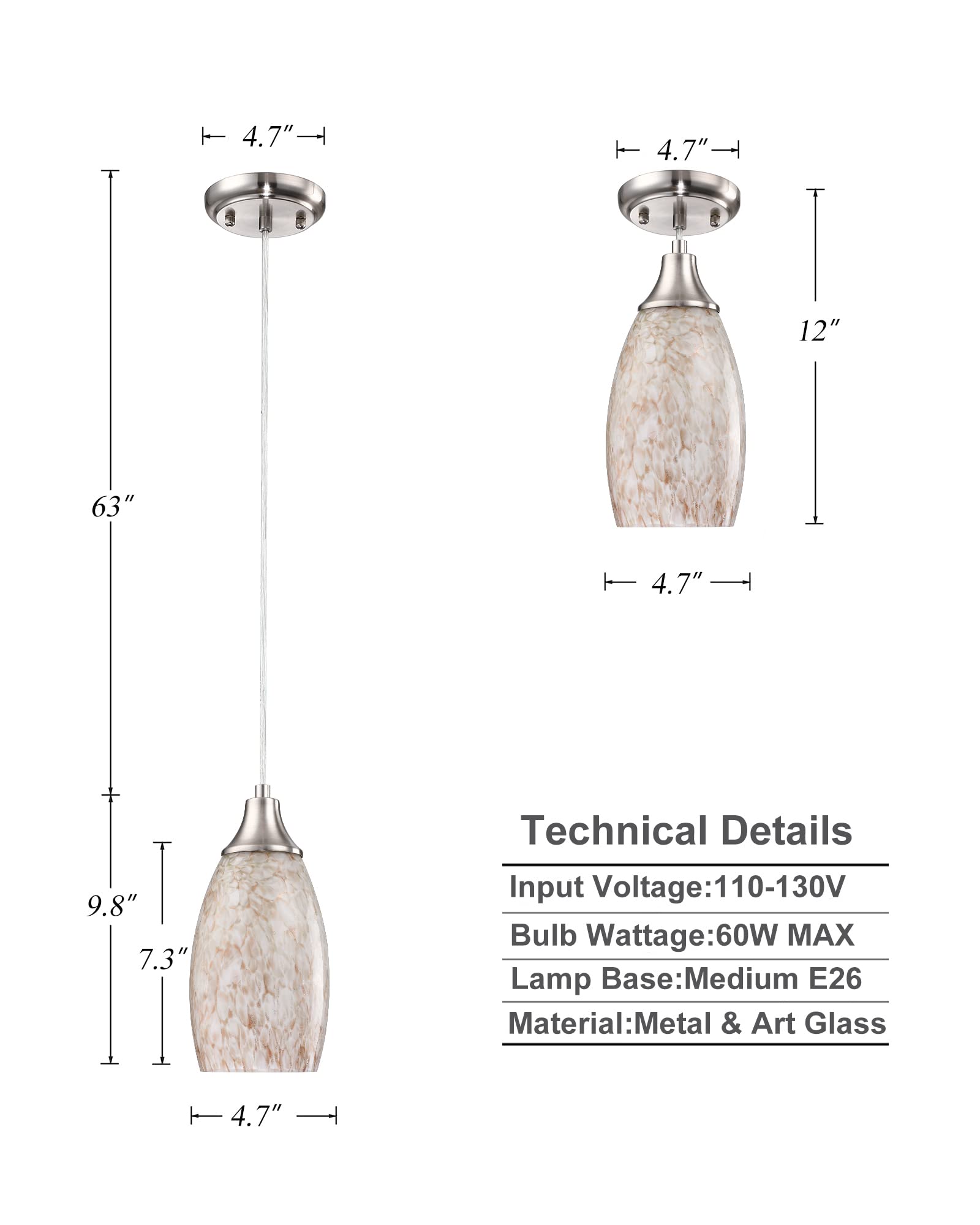 karyfine Milk Mini Glass Pendant Lights, Blown Art Glass, 13x8x7in, Abstract Creamy, Brushed Nickel Finish, 3-Pack for Kitchen, Bar, Dining Room