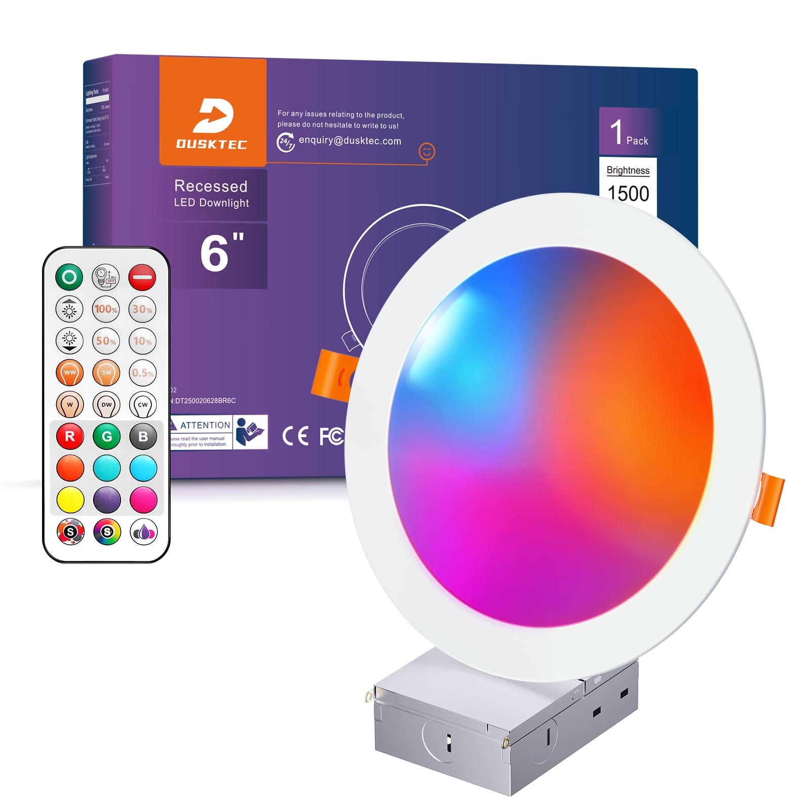 DUSKTEC 6 Inch Canless Recessed LED Lights, RGBCW, 16W, 1500 Lumen, Dimmable, Aluminum, Remote Control, Model TD3