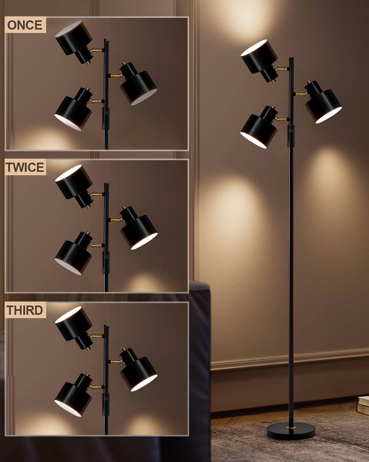 OYEARS Floor Lamp, 3-Light LED Metal Light, Modern Vintage Design, Black, Model AMZ-F475 for Living Room, Office, Bedroom