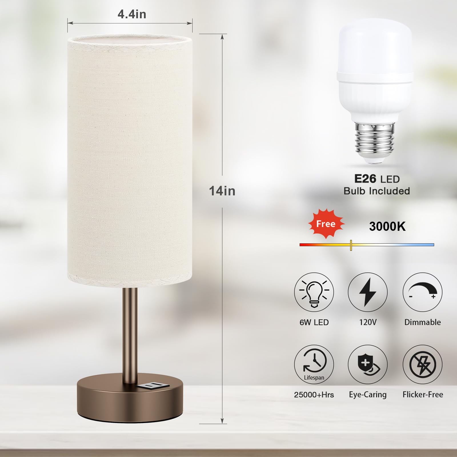 Beige Touch Table Lamp For Bedroom - 3 Way Dimmable Bedside Lamp With Usb, Nightstand Lamp With Brown Charging Station For Desk,