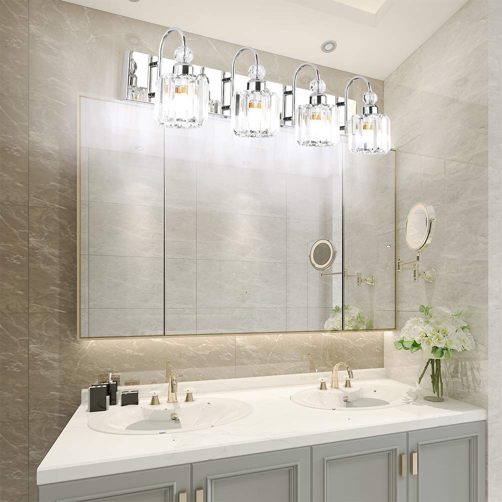 Ralbay 4-Light Modern LED Crystal Bathroom Vanity Lights, Round Chrome, Stainless Steel Fixtures, Model 8600