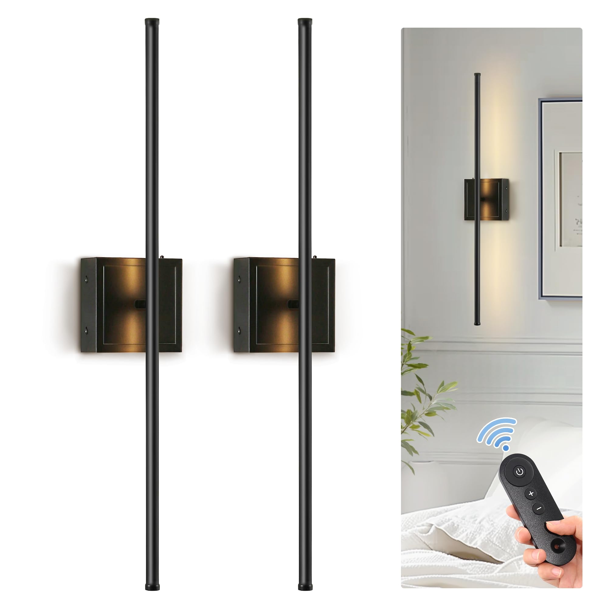 DORESshop Battery Operated Wall Sconces Set of 2, Dimmable with Remote Control, 28.1 Inch, Black