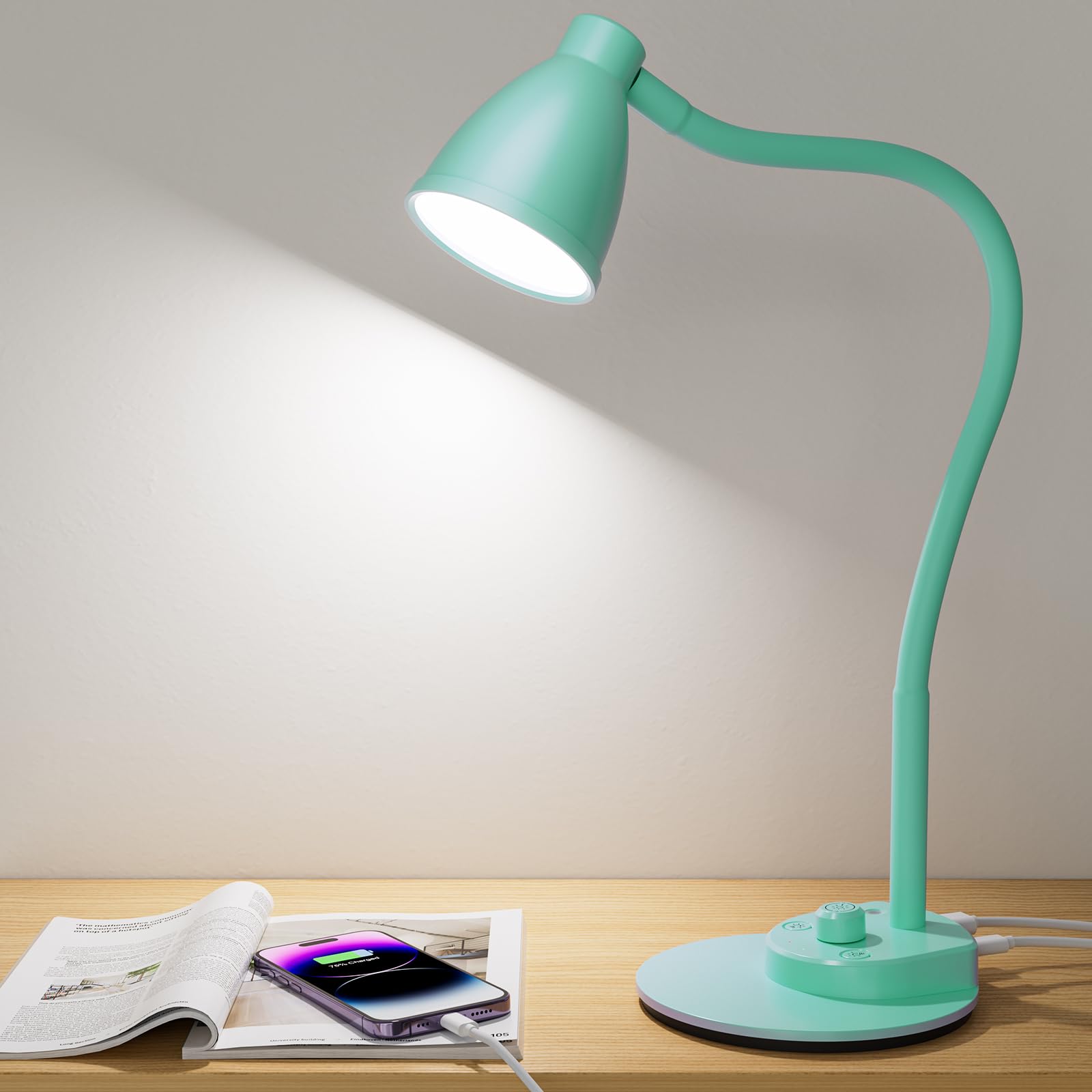 BOHON LED Desk Lamp with USB Charging, 3 Color Modes, Flexible Gooseneck, Metal, Teal, Model GGBDL10WT