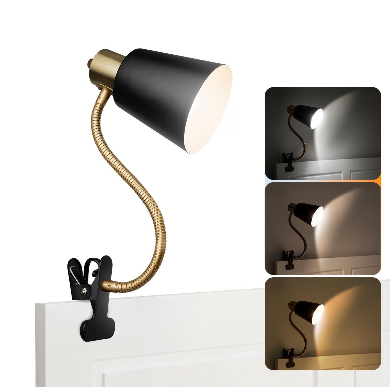 Desk lamp Eye-Caring Table Lamps  360Rotation Gooseneck Clip on Lamp Reading Light  Portable Reading Book Light  Clamp Light  Study Desk Lamps for Bedroom and Office Home Lighting (Black and Gold)