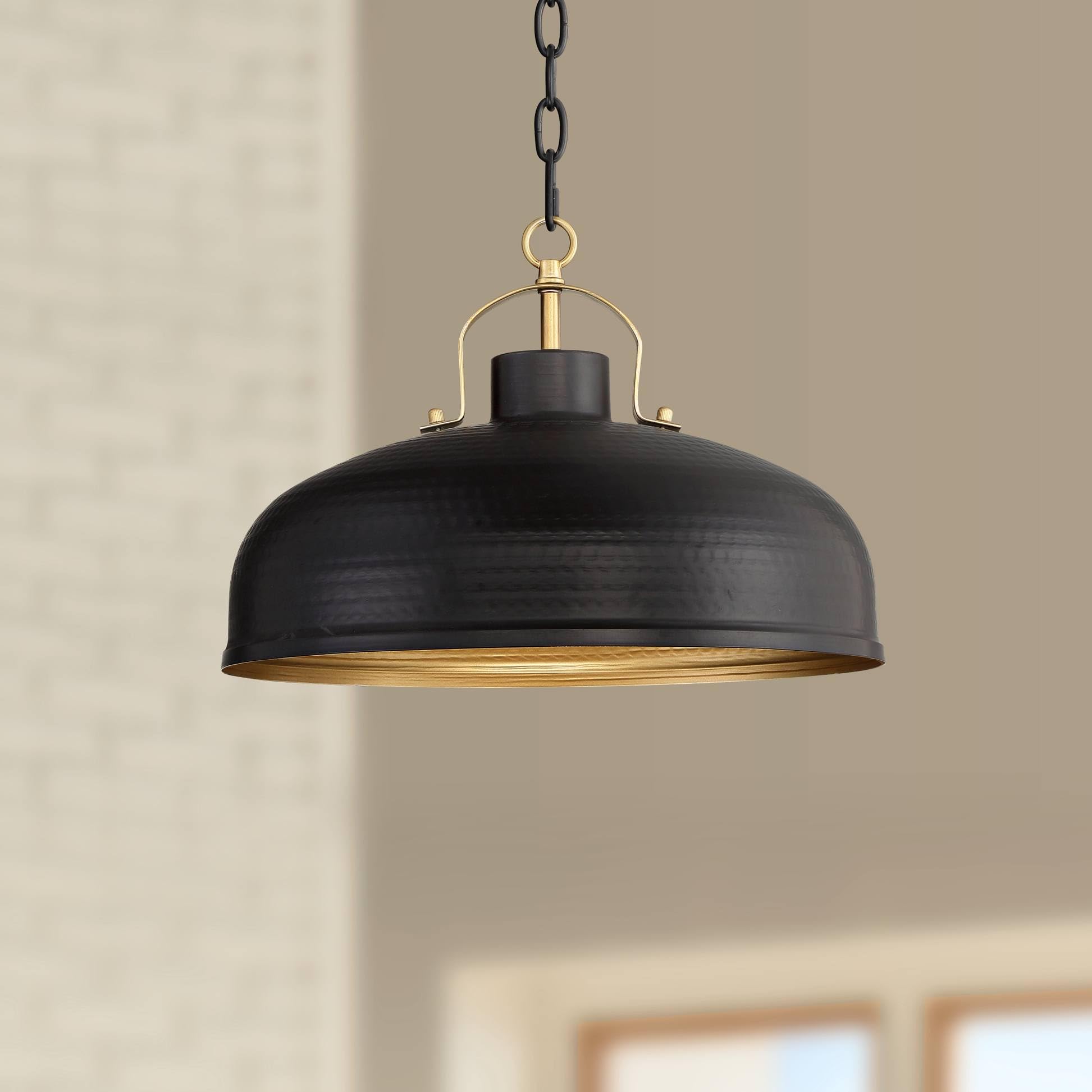 Possini Euro Design Pendant Lighting, Black & Warm Brass, 15.75in Wide, Metal, Rustic Dome Shade for Dining Room & Kitchen
