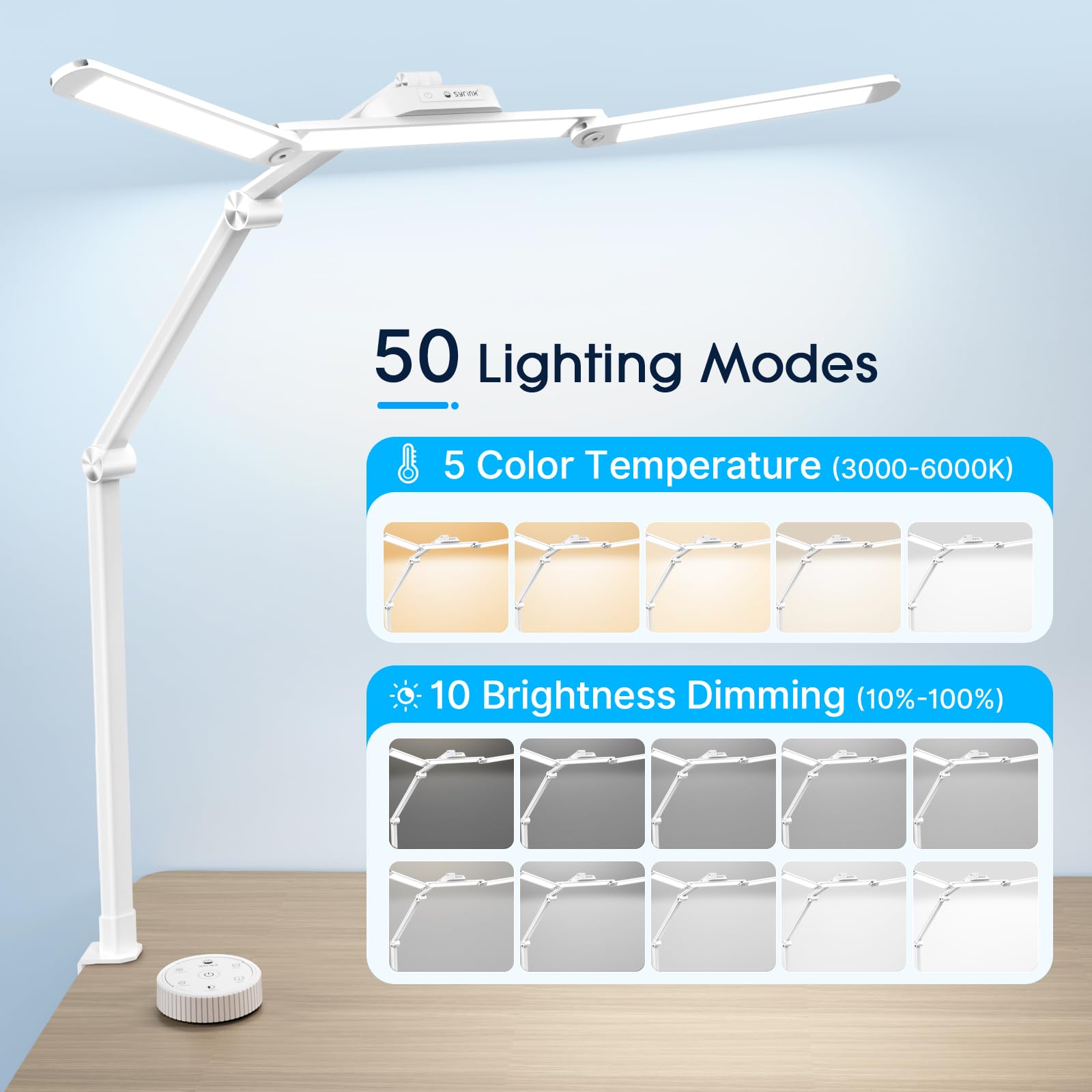Syrinx Desk Lamp, 24W LED with Gesture Sensor Switch, Remote Control, White Pro, Model LDL023W, Clamp for Tables Up to 2.95 inches Thick