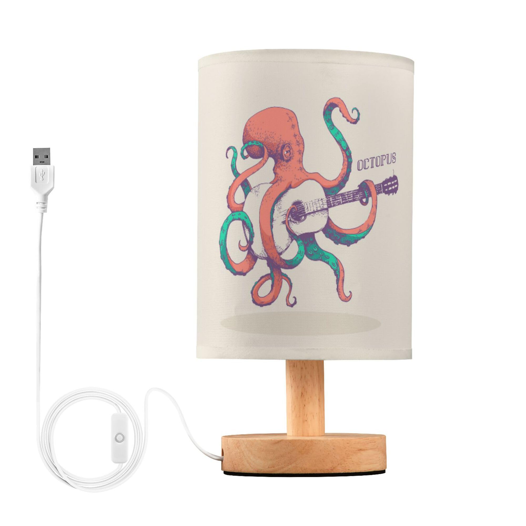 YYZZH Table Lamp Vintage Octopus Play Guitar Ocean Marine Sea Life Design Nightstand Lamp with Wood Base Fabric Lamp Shade Bedsi