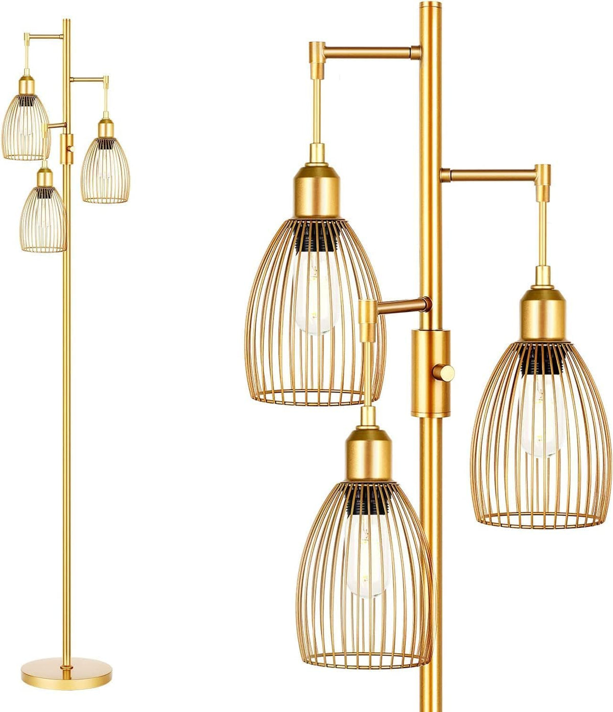 Dimmable Industrial Floor Lamps For Living Room, Gold Tree Standing Tall Lamps With 3 Elegant Teardrop Cage Head & 800 Lumens Le