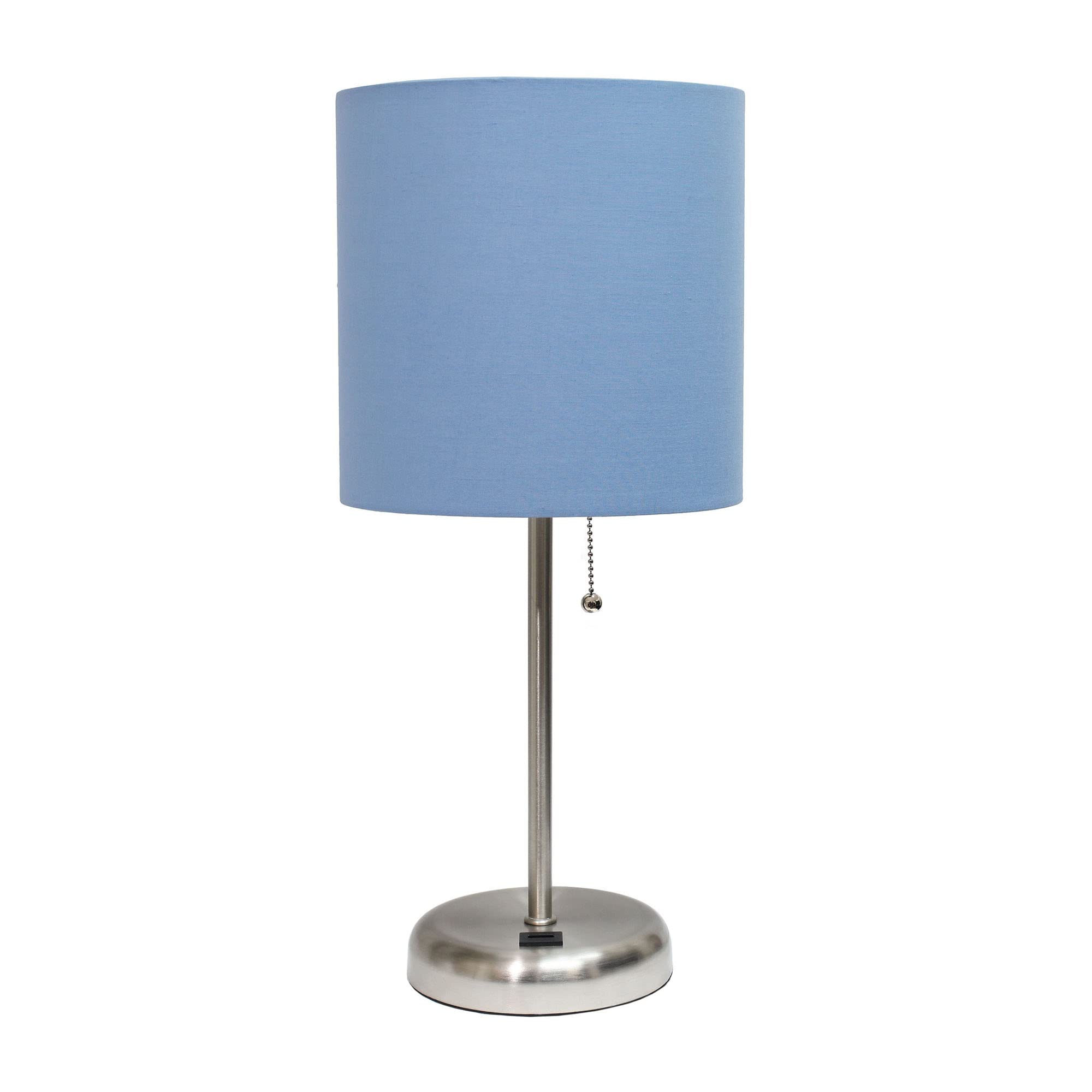 Creekwood Home Oslo 19.5&quot; Contemporary Bedside Usb Port Feature Standard Metal Table Desk Lamp In Brushed Steel With Blue Drum Fabric Shade