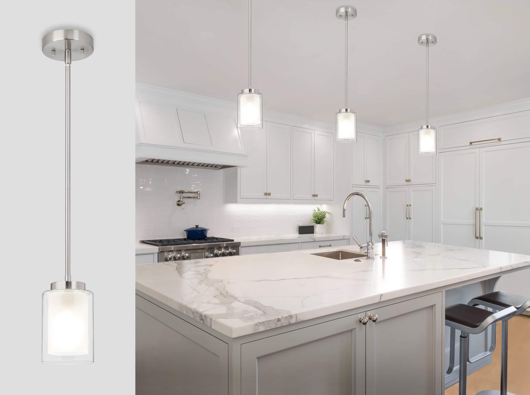 Xinbei Lighting Pendant Lighting Modern 1 Light Mini Pendant Light With Dual Glass In Brushed Nickel, Adjustable Hanging Ceiling