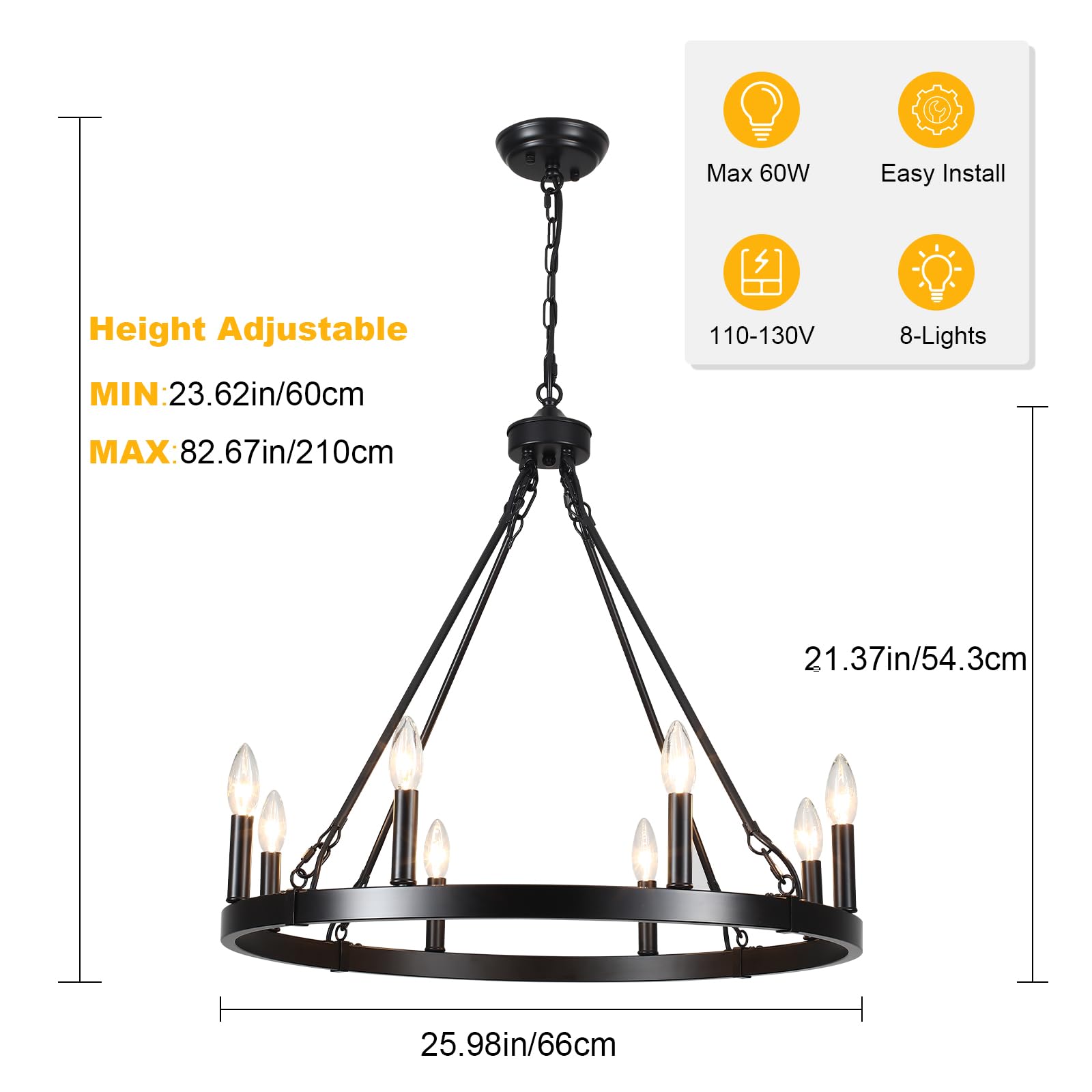 Zjvaive Black Wagon Wheel Chandelier Diam 26 Inch 8 Light Black Farmhouse Chandeliers For Dining Room Rustic Round Pendant Light