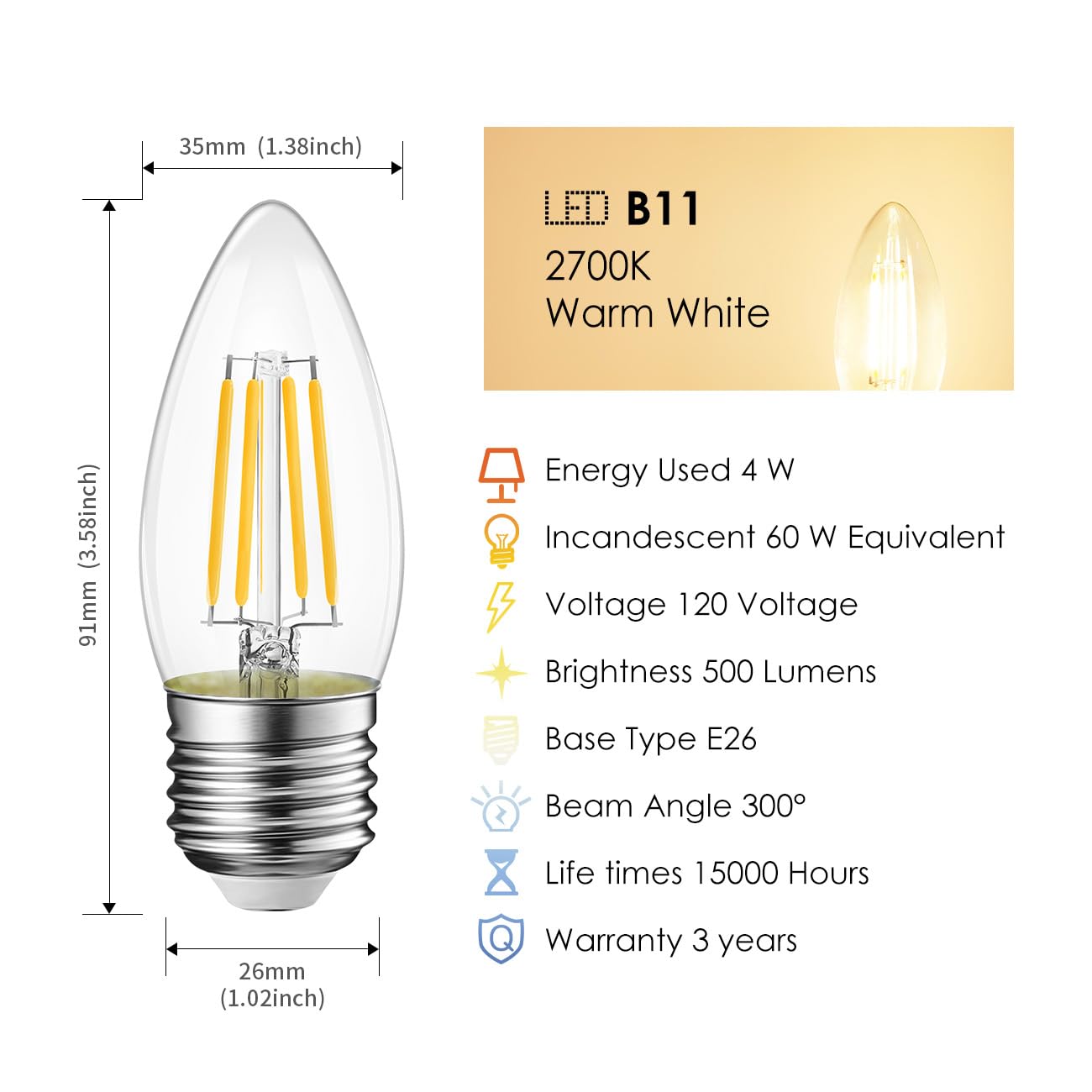 Lvwit B11 Led Filament Bulb E26 Candelabra Medium Base 2700K Warm White, Pack Of 12, 4W(60W Equivalent) 500 Lumens Non-Dimmable