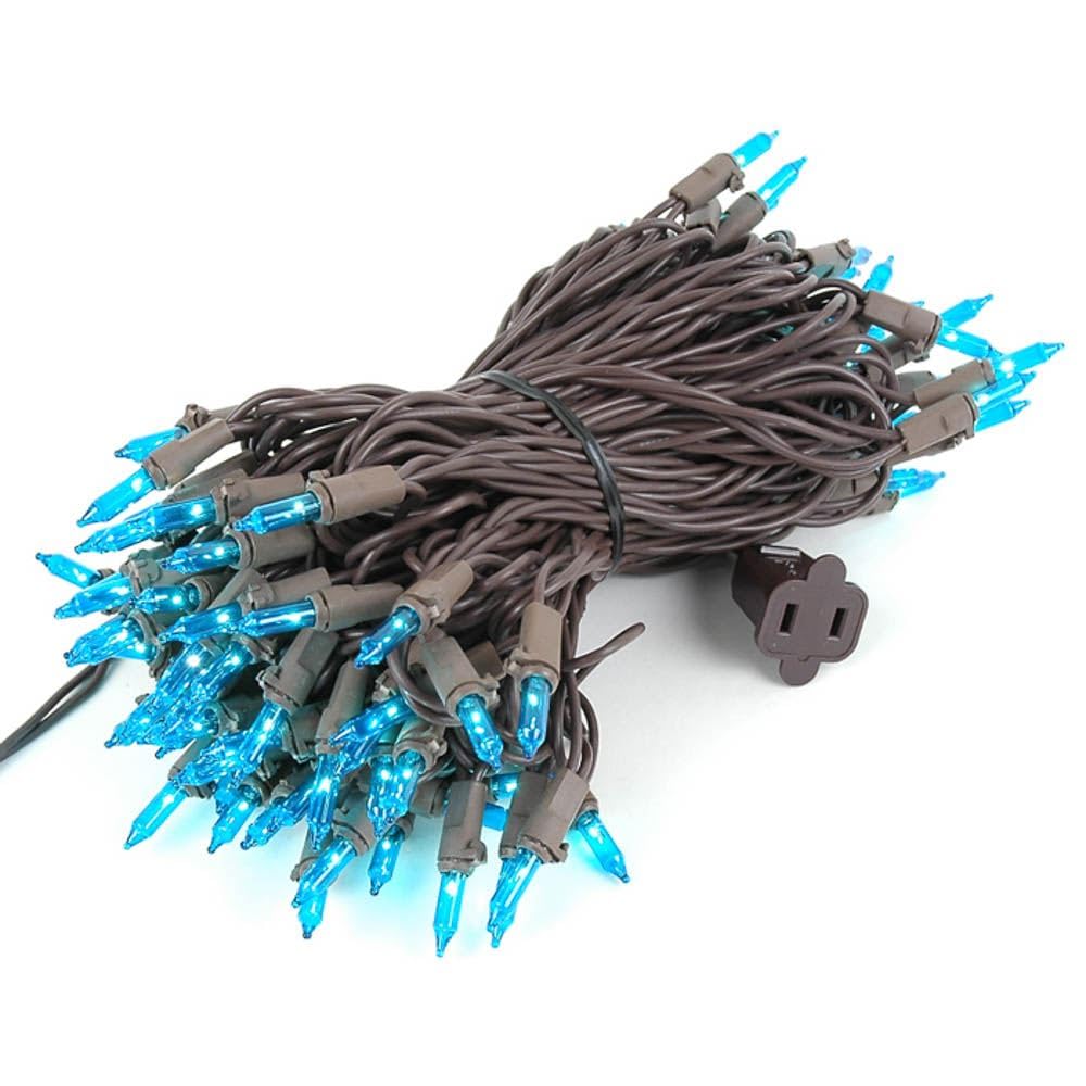 Novelty Lights 50 Feet 100 Bulbs Traditional Incandescent Mini Lights, Teal On Brown Wire With 6 Spacing, Commercial Grade And U