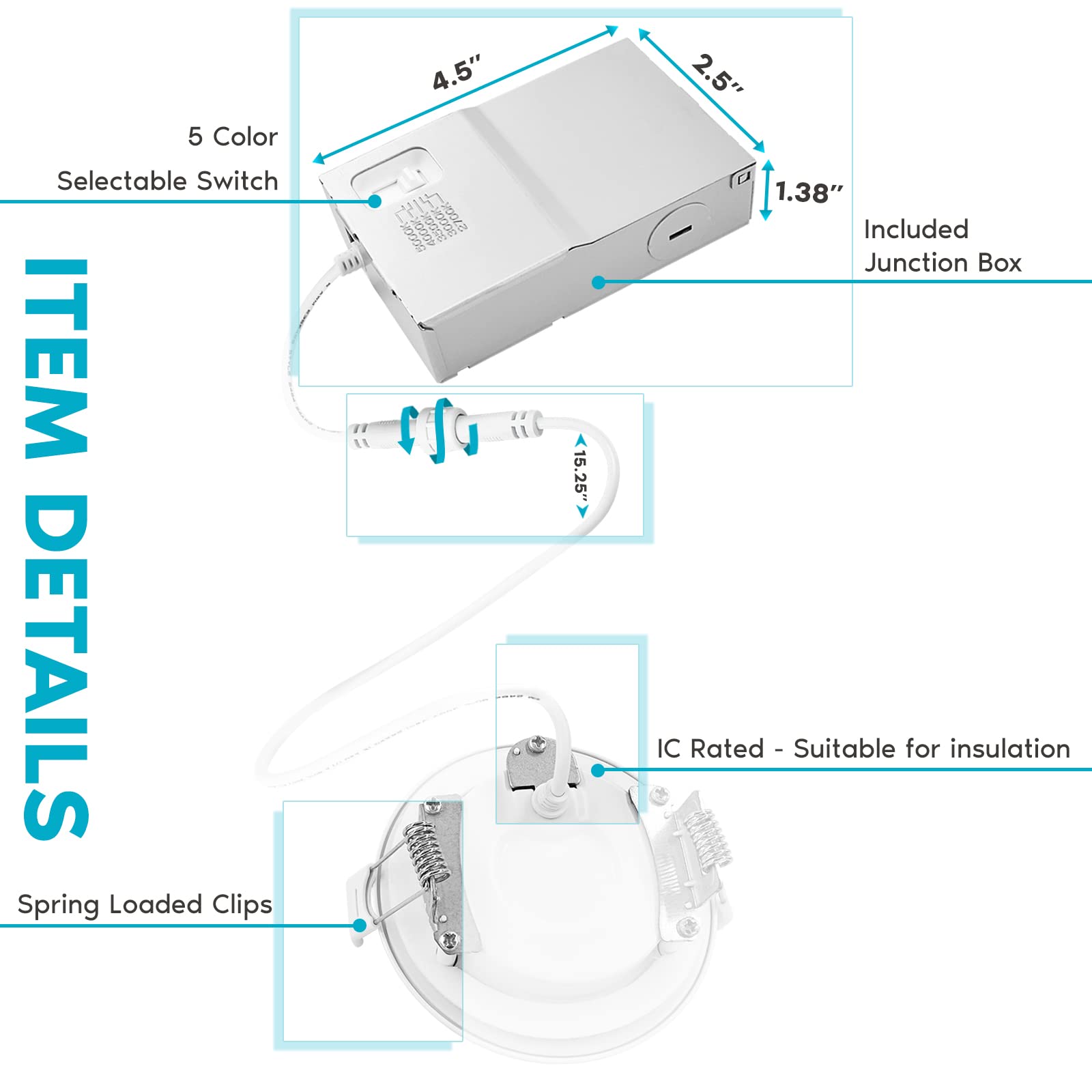 Luxrite 3 Inch Ultra Thin Led Recessed Lighting, 6W, 5 Color Selectable 2700K | 3000K | 3500K | 4000K | 5000K, Cri 90, 400 Lumen