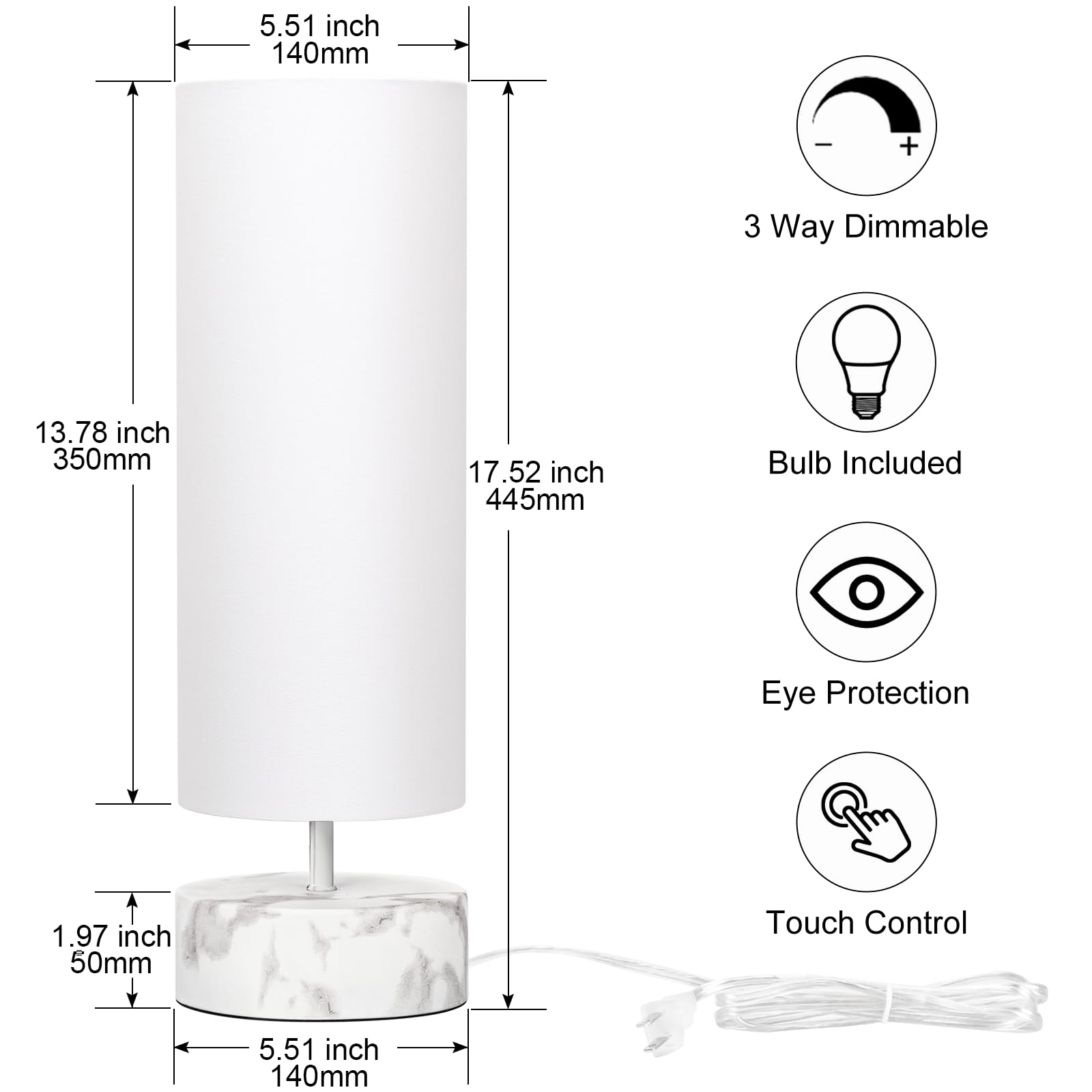 Seaside Village Touch Table Lamp - 3 Way Dimmable, Metal Base with White Marble, 5.51x5.51x17.52 in, White Shade, LED Bulb Included