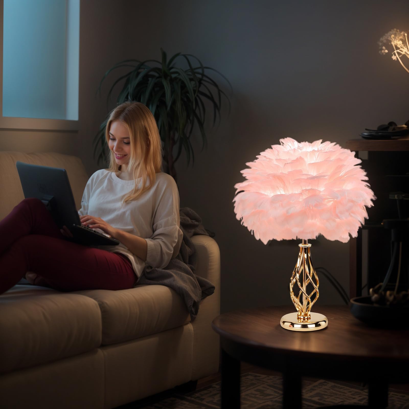 Lincwonz Feather Table Lamp With Unique Golden Spiral Cage Base - 3-Color Temperature Light, Perfect For Girls' Bedroom Bedside