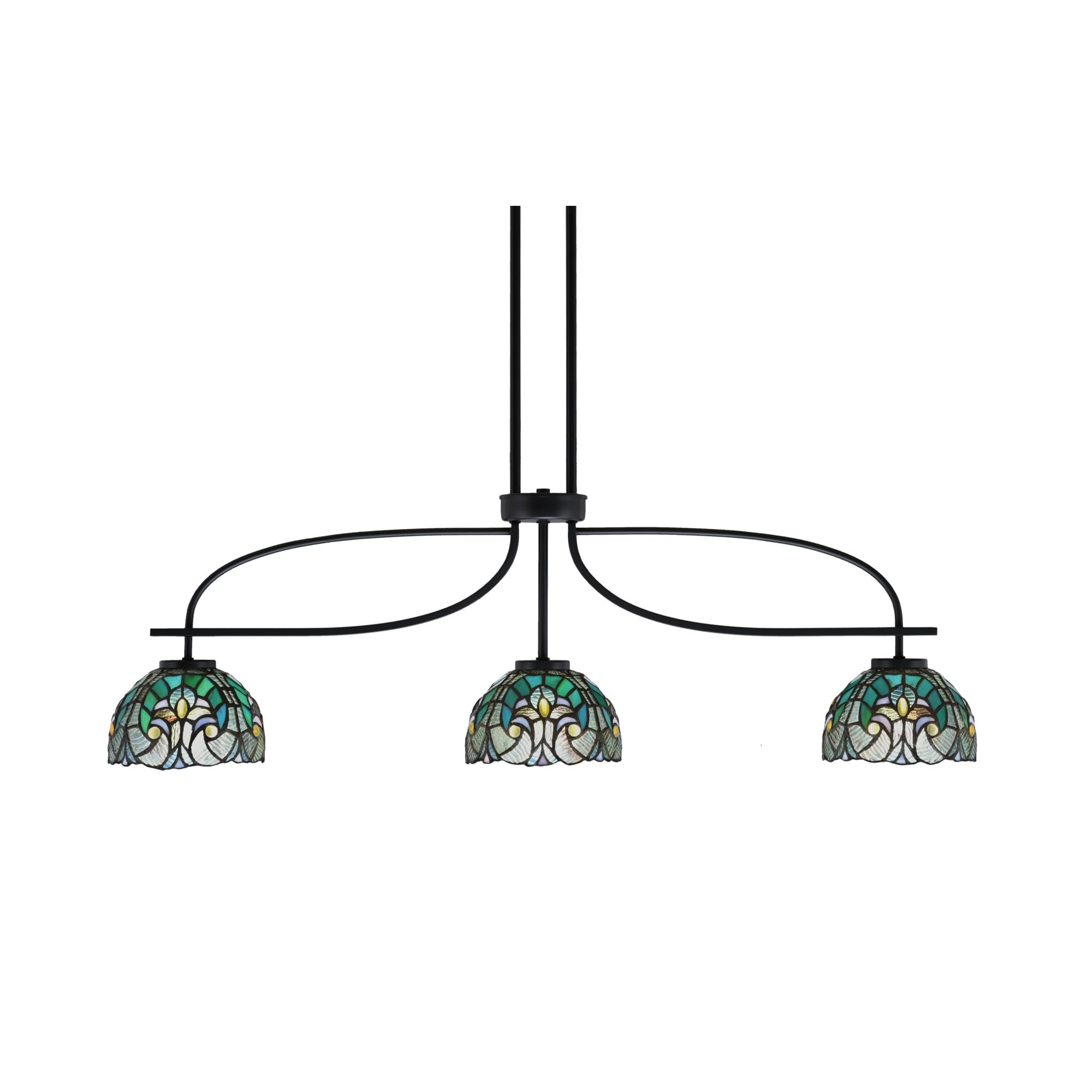 Cavella 3 Light Island Light Shown in Matte Black Finish with 7&quot; Turquoise Cypress Art Glass
