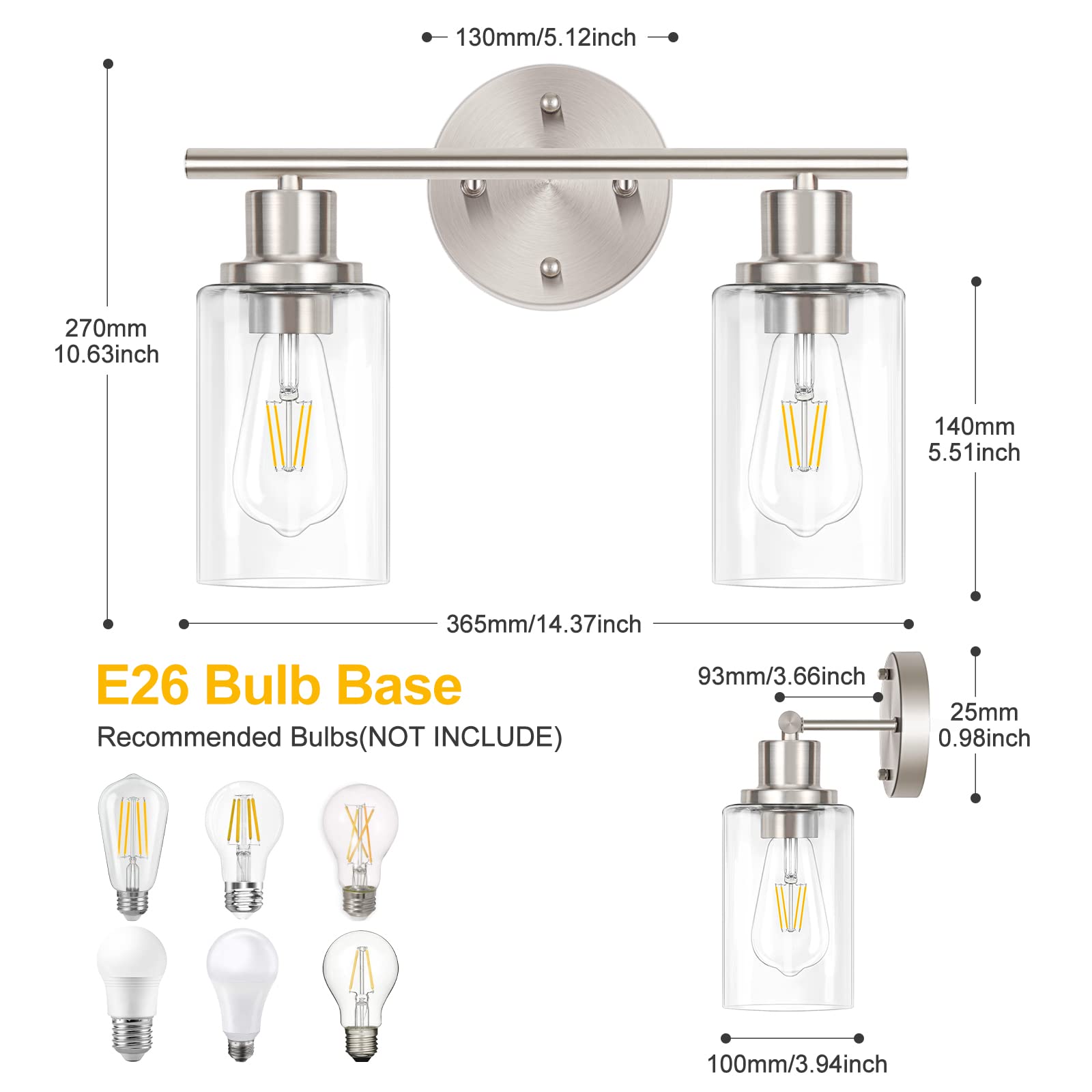 Apenath 2-Light Wall Sconce Light Fixtures, Brushed Nickel Finish Wall Light with Clear Glass Shade, Modern Vanity Lighting, Wal
