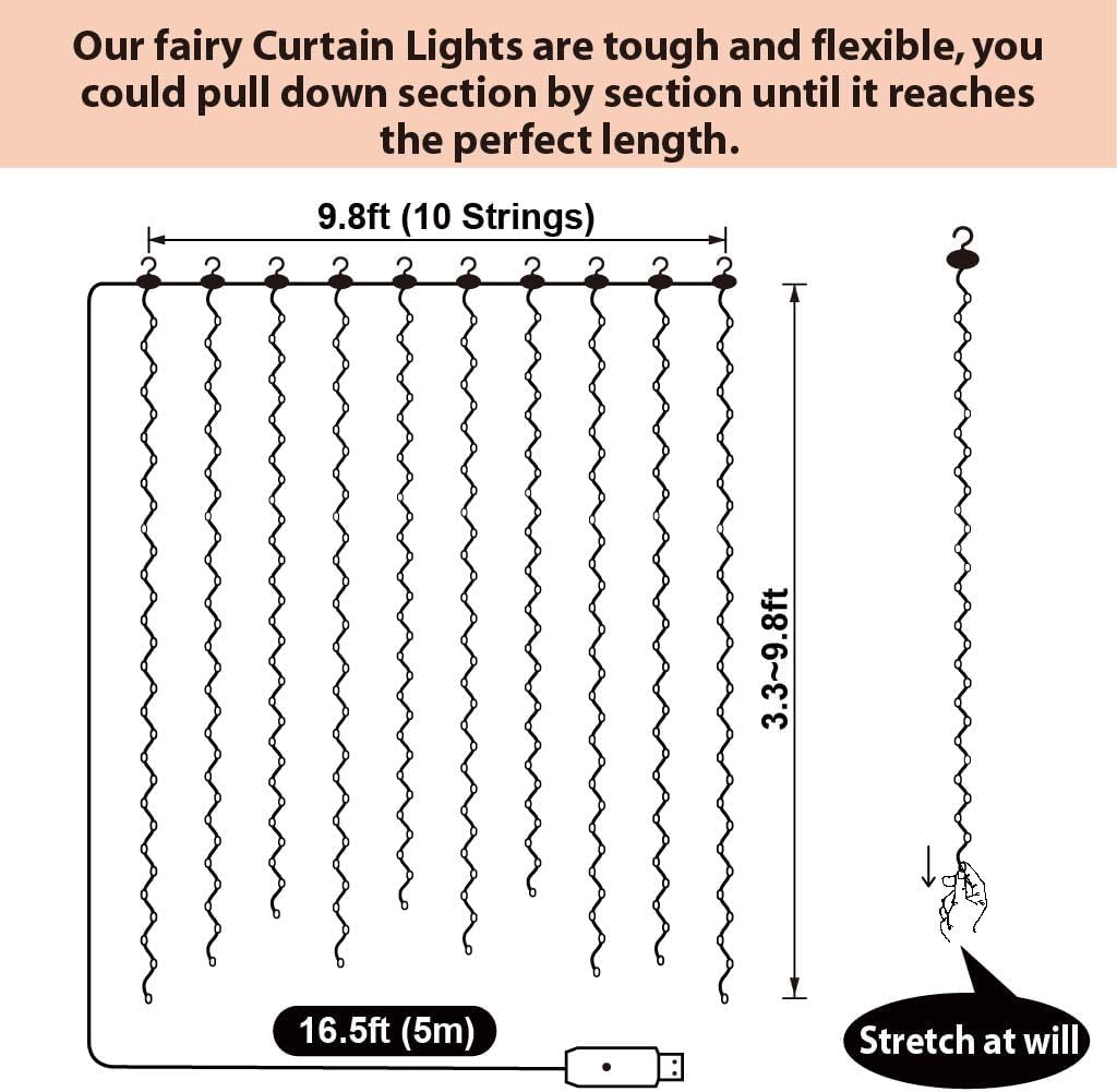 Sinamer Pink Curtain Light For Bedroom, 300 Led 9.8Ft X 9.8Ft Window Fairy Curtain String Light With 16 Hooks, 8 Models Remote Control For Wedding Party Home Garden Indoor Decorations