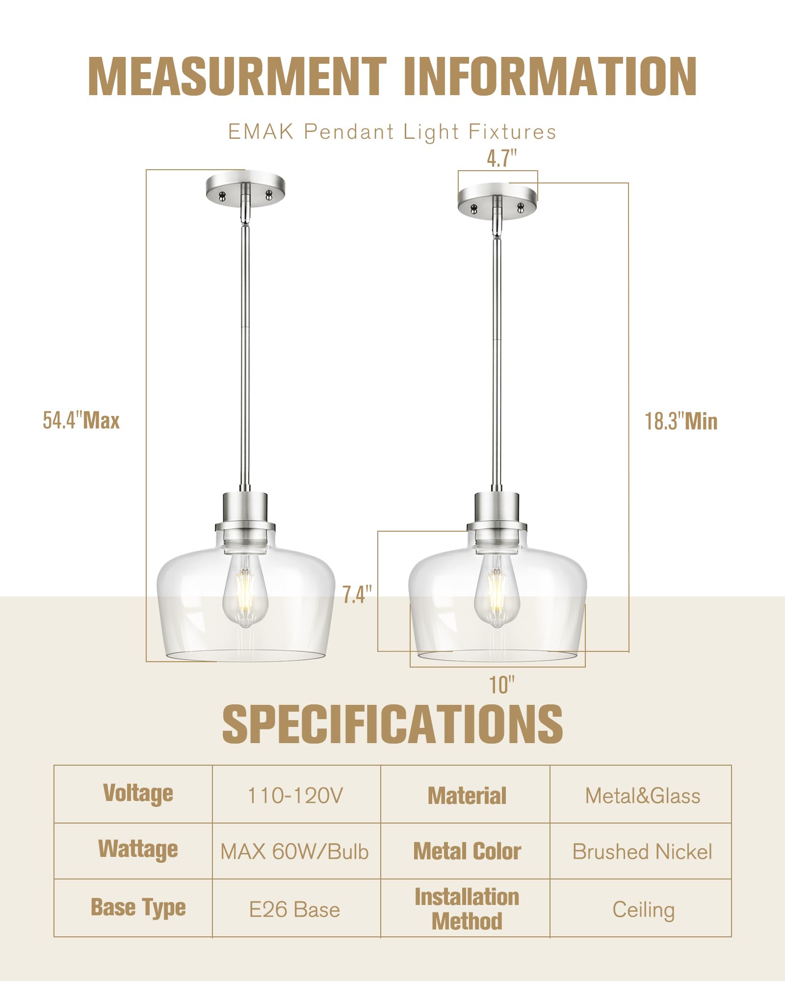 Emak 10 Inch Brushed Nickel Pendant Light, Modern Large Pendant Lights Kitchen Island, Hanging Lights With Clear Glass Shade For