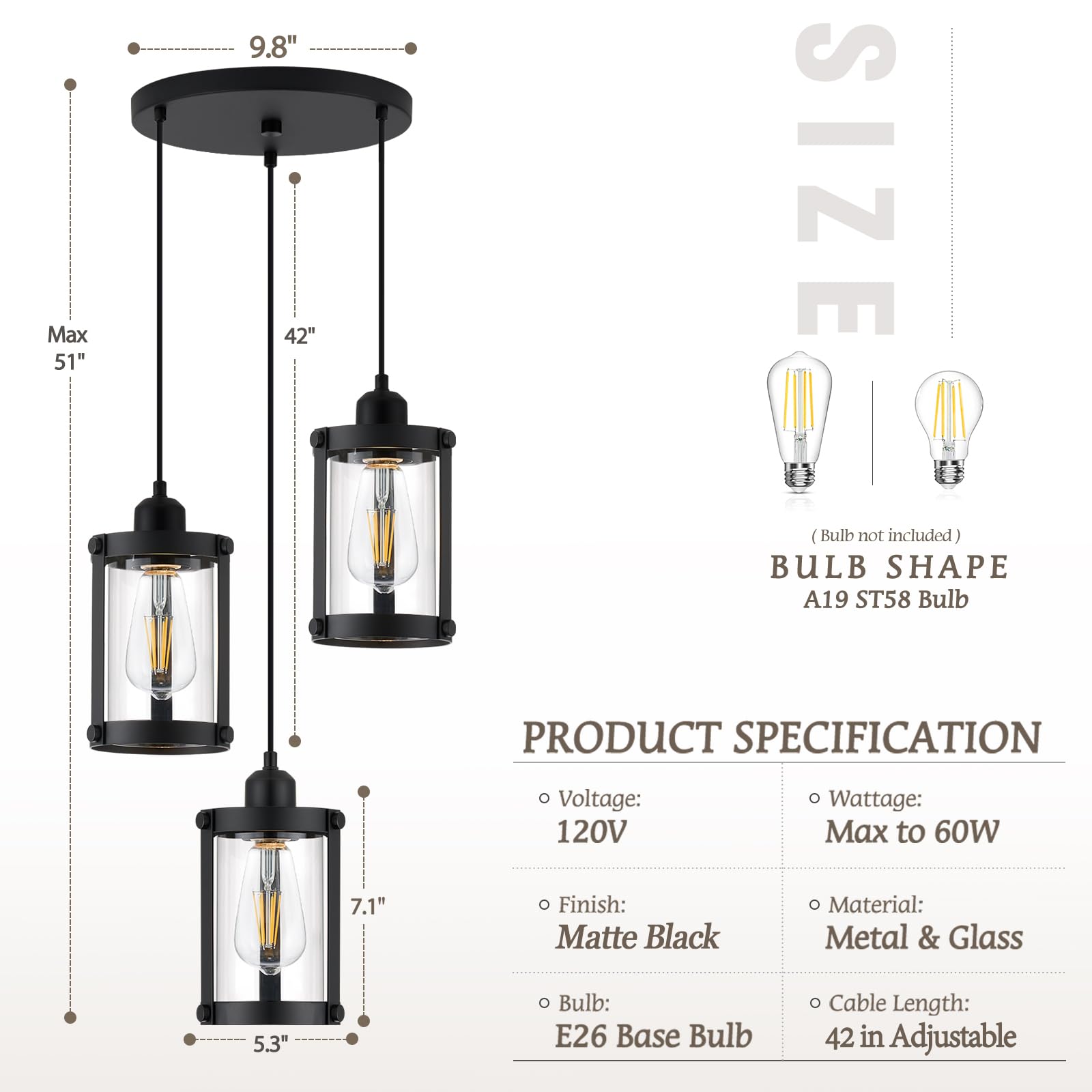 Osimir 3-Light Pendant Lighting, Black Dining Room Chandelier Light Fixture Over Table With Clear Glass, Modern Cluster Hanging