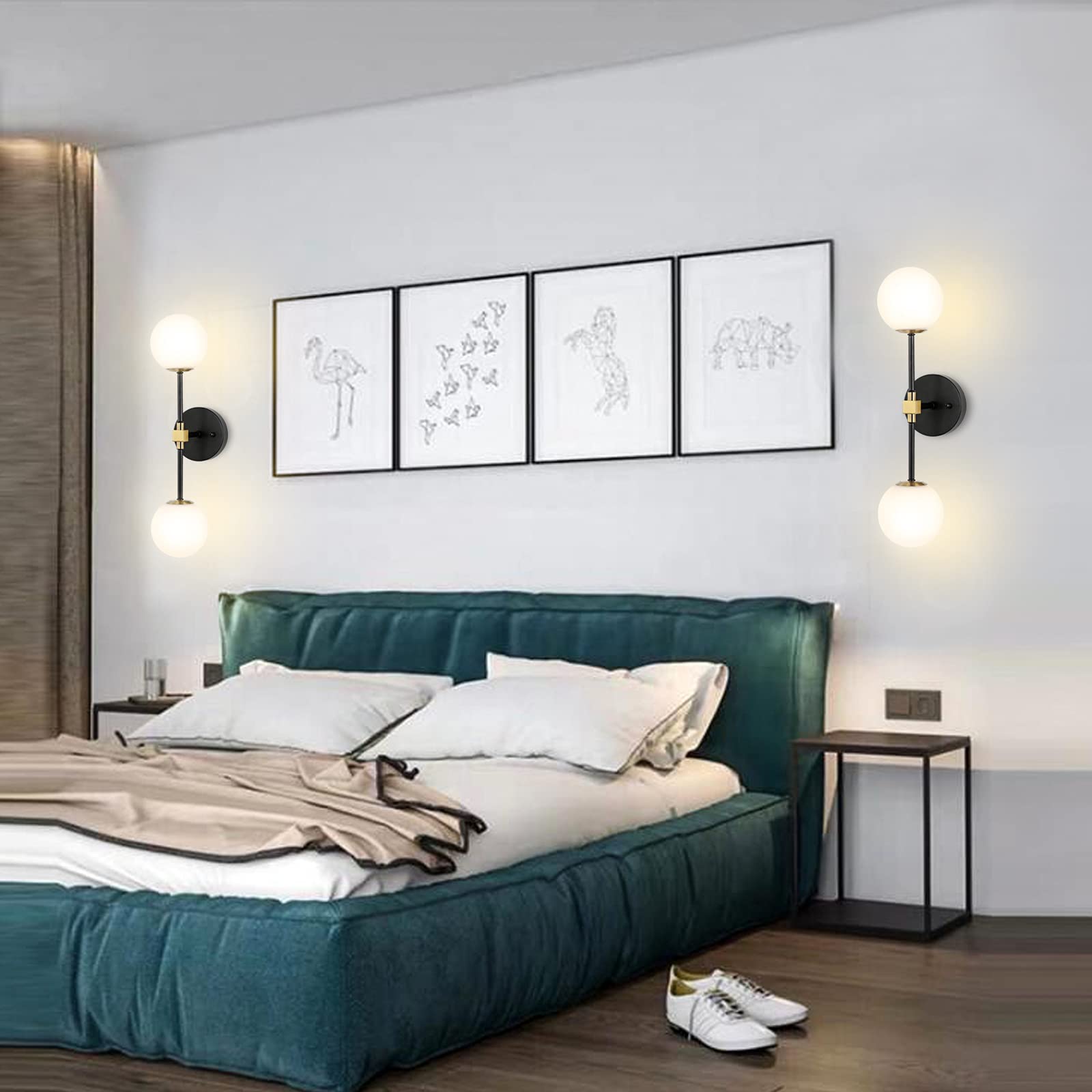 Baoden Modern Wall Sconce 2-Lights Industrial Mid Century Bathroom Vanity Wall Light With White Globe Glass Shade Gold & Black F