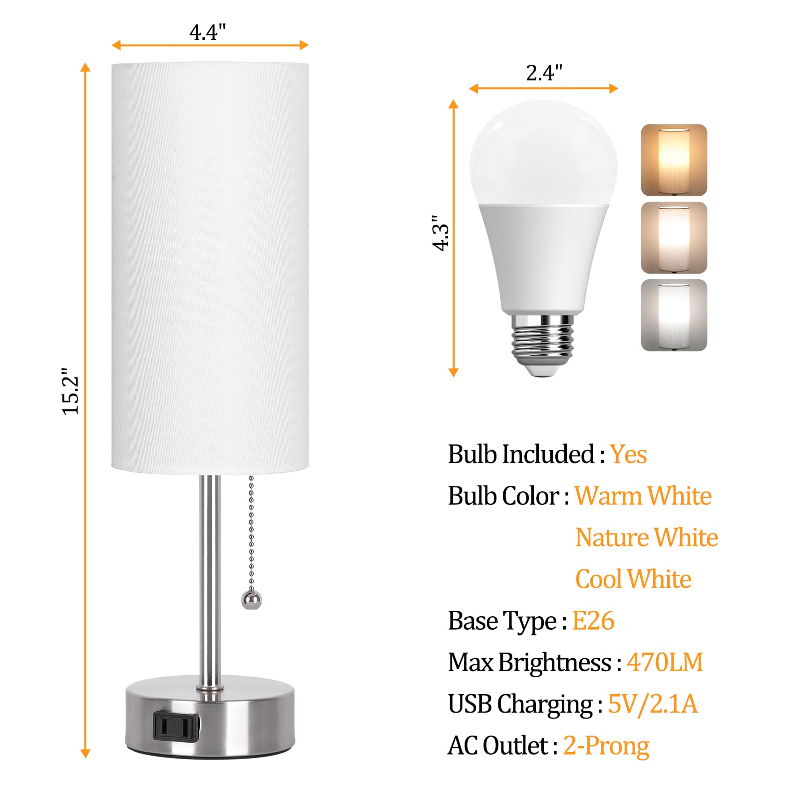 Dott Arts Table Lamp for Bedroom, 3-Color Bedside Lamps with Pull Chain, Bedroom Table Lamps for Nightstand,AC Outlet Small Lamp