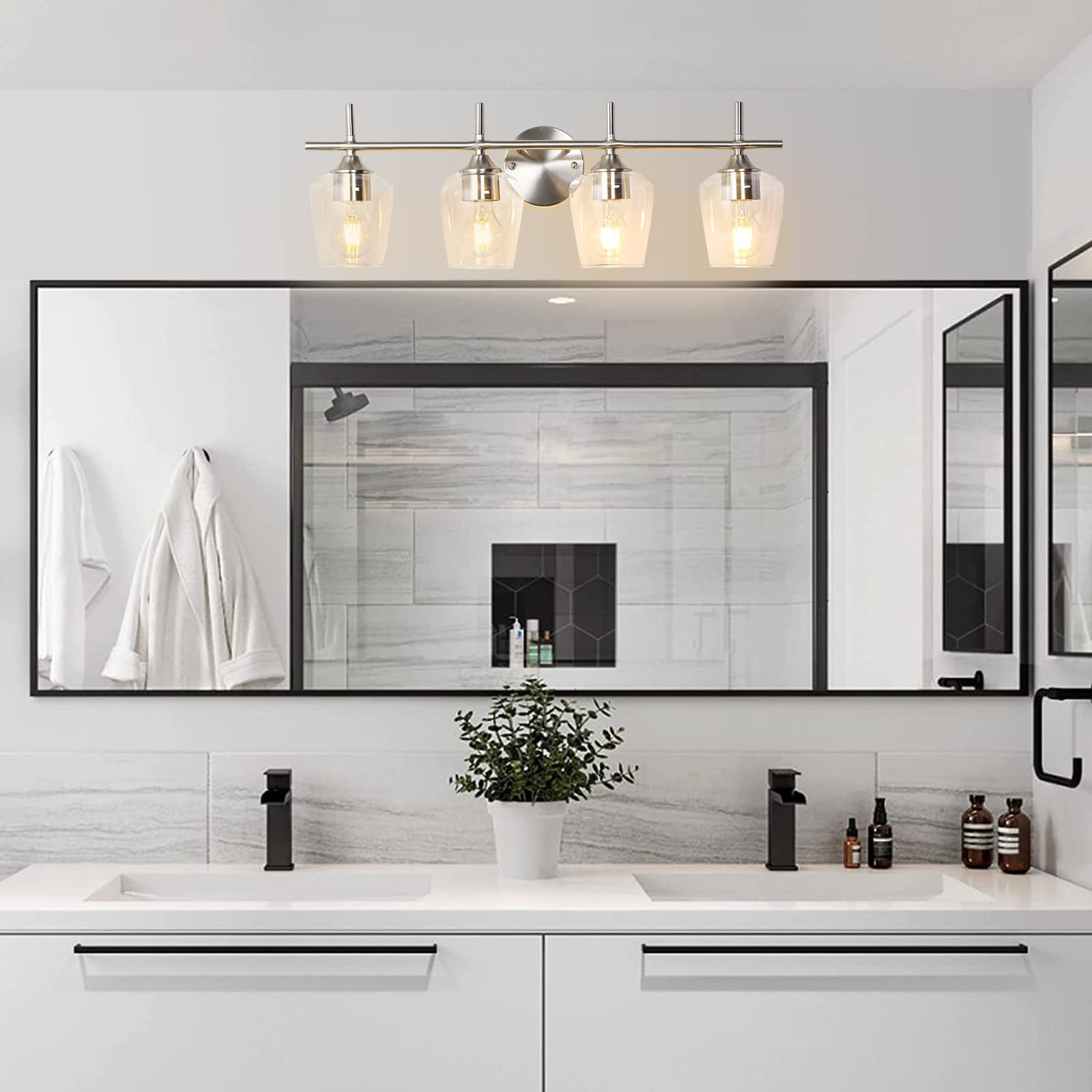 foucasal Bathroom Light Fixtures 4-Light Brushed Nickel Vanity Light with Clear Glass Shade Model ULB0046H-4SHANIE