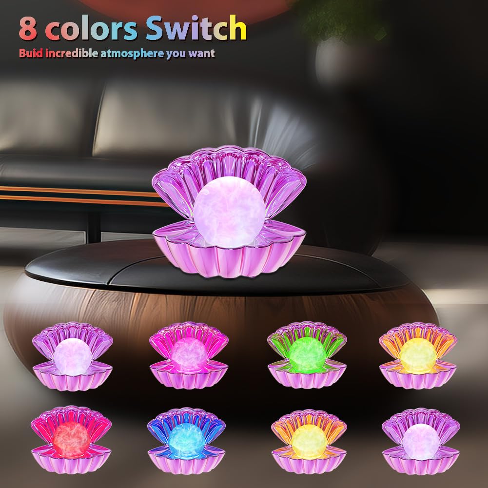 LKUA Night Light - RGB Shell Pearl Lamp, Electroplating Purple, Portable Clamshell Design, Model LK-P