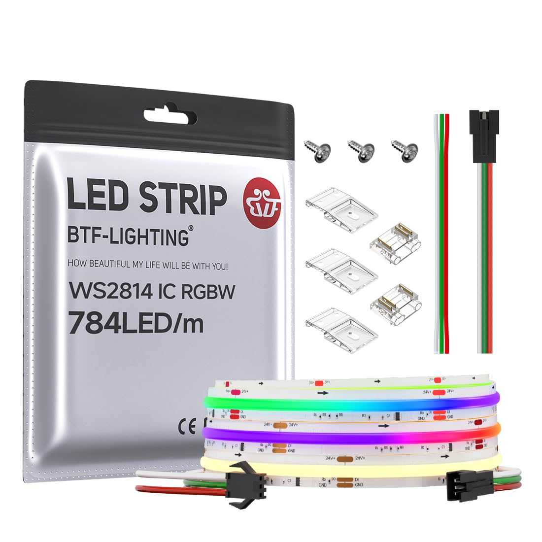 BTF-LIGHTING FCOB WS2814 IC RGBW 3000K COB LED Strip Flexible High Density Uniform Chasing Color Light 9.8FT DC24V 784LED/m 14IC