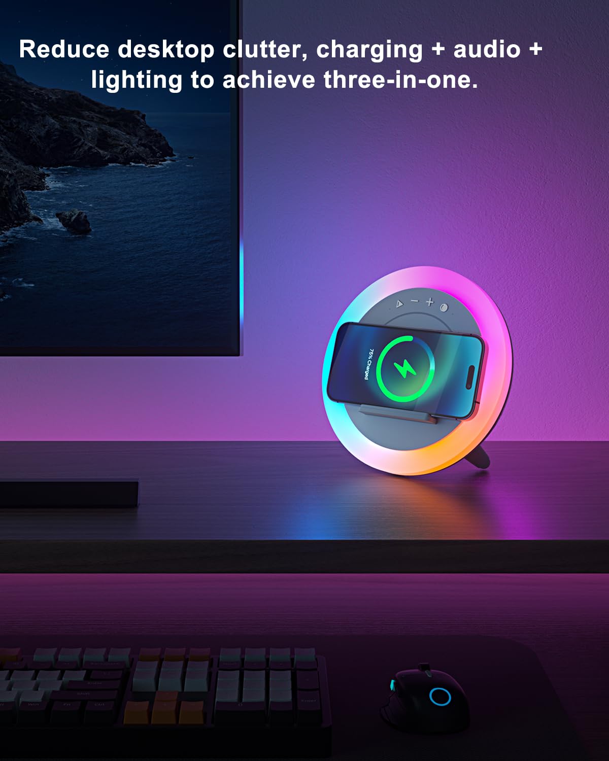 DTIDMI Bluetooth Speaker Night Light, Color Changing LED Lamp, 6.6inch Wireless Charger, White, Model A21