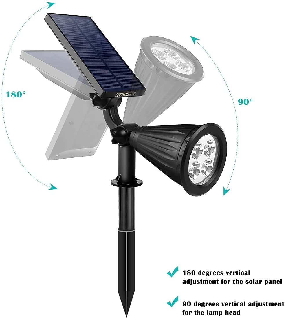 URPOWER Solar Spotlight Outdoor Lighting, 2-in-1 Adjustable, Auto On/Off, Durable Plastic, 4 Pack, Warm White, Model SL10x4