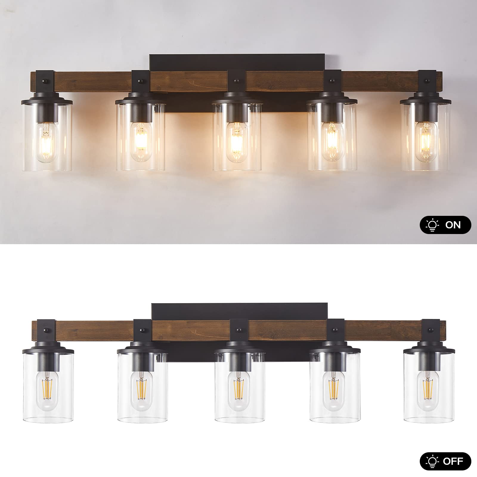 Dadul 5-Light Bathroom Vanity Light, Farmhouse Bathroom Light Fixtures Over Mirror, Classic Wood Vanity Light With Clear Glass Shade, Black Wall Sconce For Bathroom, Bedroom