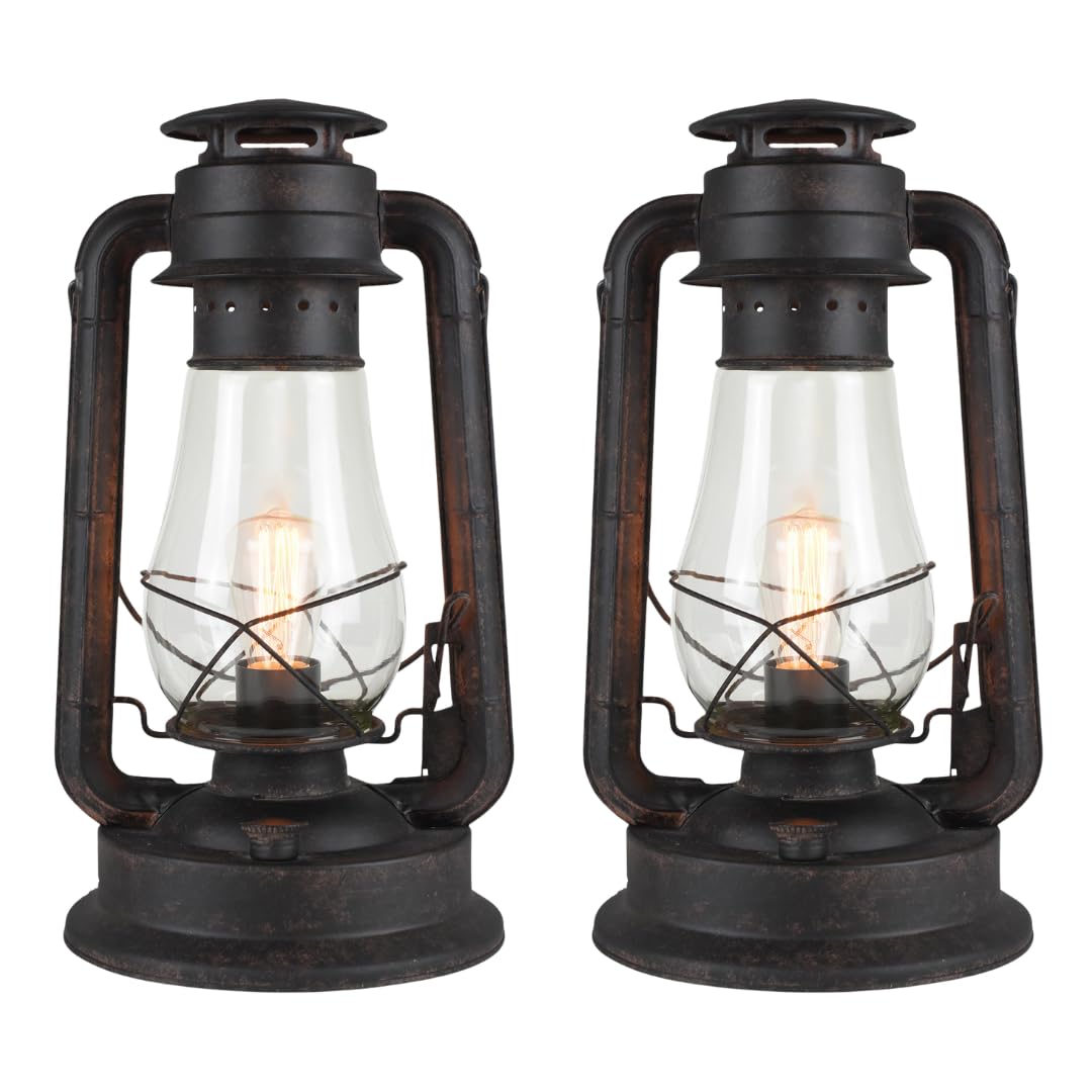 Rustic Farmhouse Lantern Table Lamp: Dimmable, Edison Bulb, Line Cord Dimmer - Large Body, Rustic Finish - Set Of Two - Ul Usa/U
