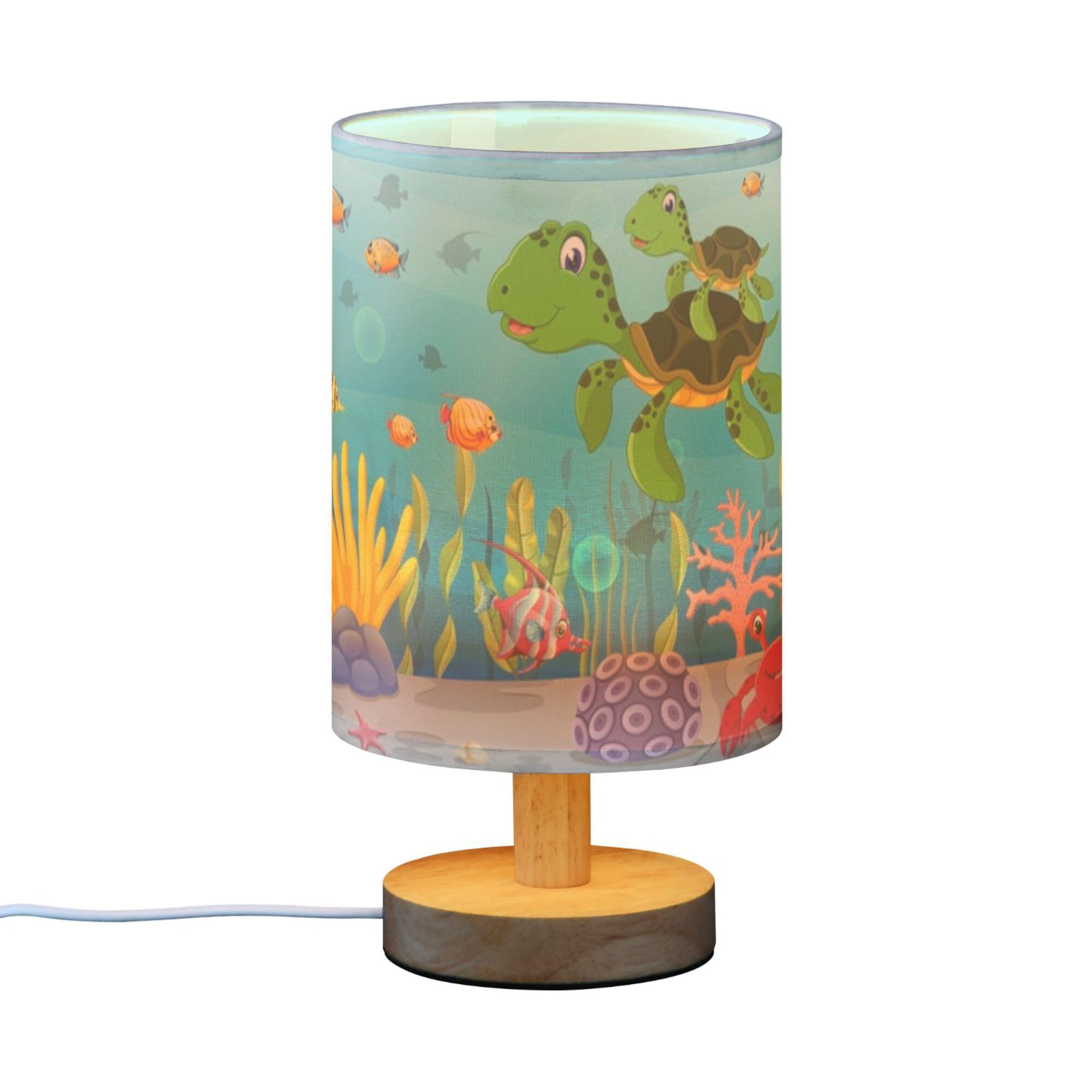Yyzzh Table Lamp Colorful Underwater Sea Turtle Octopus Crab Fish Coral Aquatic Nightstand Lamp With Wood Base Fabric Lamp Shade