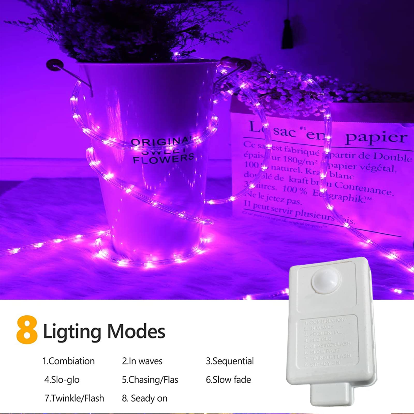 Jnaurb 50ft LED Rope Lights, Waterproof, 8 Modes, Flexible Tube Lighting, Purple