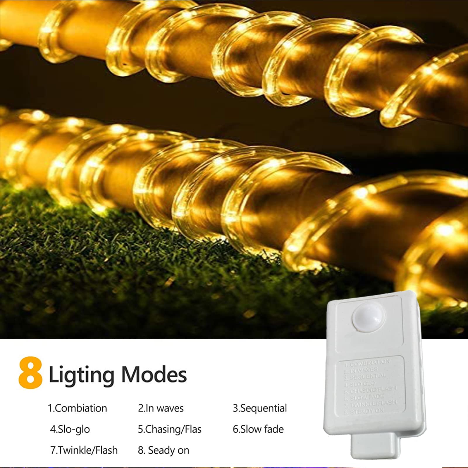 Jnaurb 50ft LED Rope Lights, Waterproof, Connectable, Flexible, 8 Modes, Warm White, Indoor/Outdoor Lighting for Deck, Garden, Patio