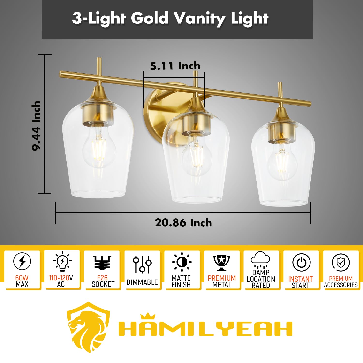 Hamilyeah Bathroom Vanity Light Fixture, 3-Light Glass Shade, Modern Brass Design, Model WLFBR1006, Ideal for Indoor Use