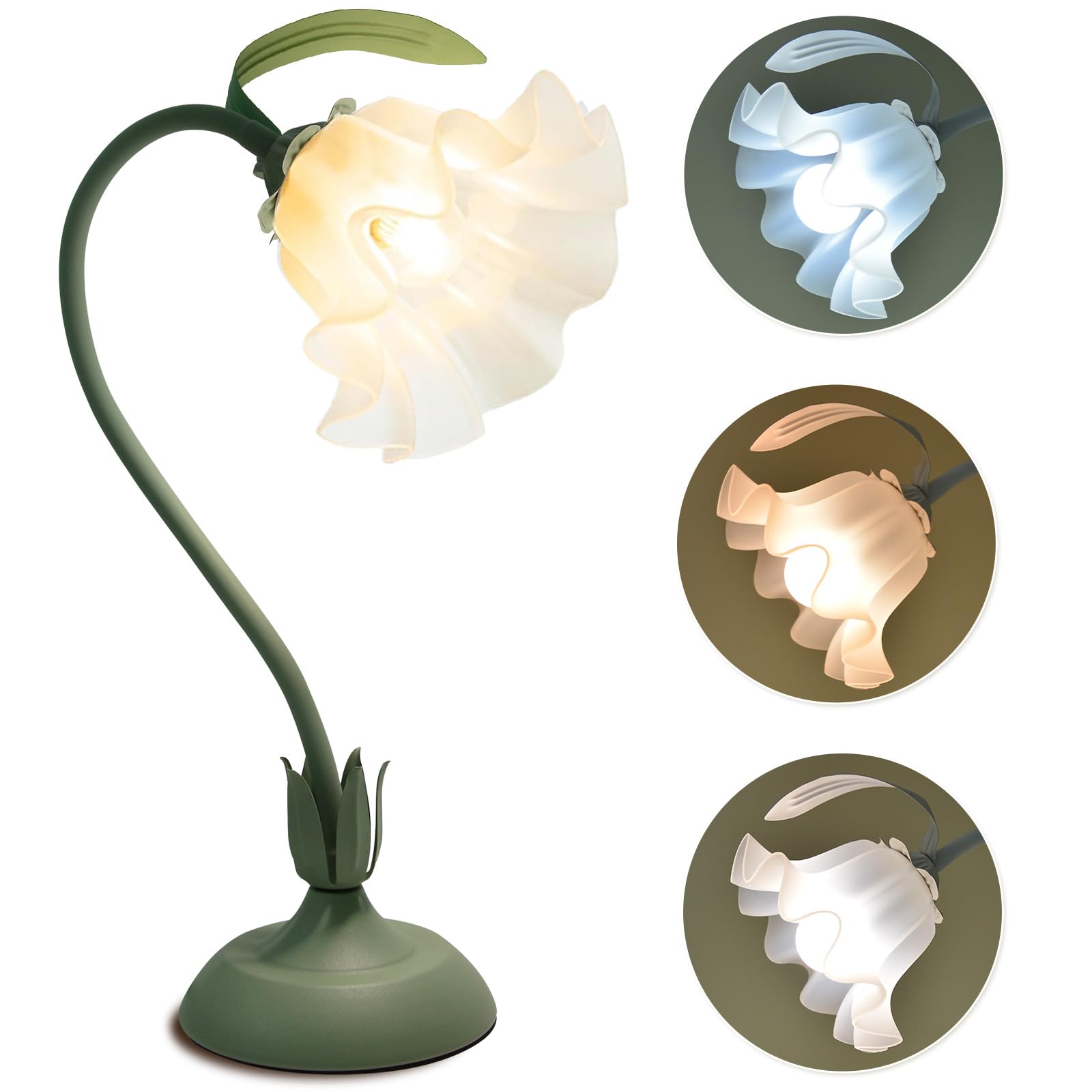 GUIGUZHJ Flower Table Lamp, Vintage 3 Level Brightness, Green White, E26 Bulb, Cute Desk Lamp for Bedroom and Living Room Ambient Lighting