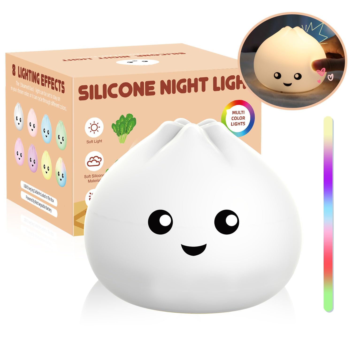 loatme Night Light for Kids, Rechargeable Silicone LED Lamp, Dimmable, 7 Colors, Model P007, BaoZi Color