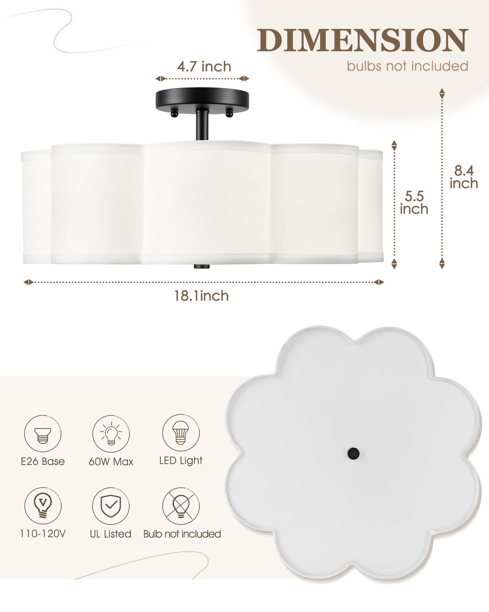 Audickic Black Semi Flush Mount Ceiling Light, 4-Light 18'' Ceiling Light Fixtures With Fabric Drum Shade In Flower Shape, Farmh