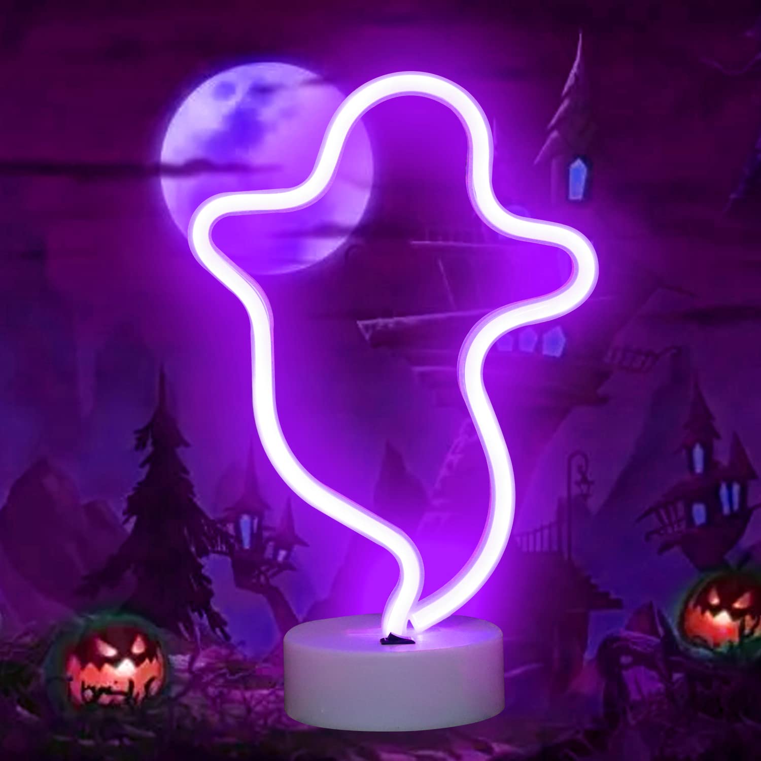 Vicila Ghost Neon Sign - LED Halloween Light, Purple Ghost Shape Decor with Holder Base