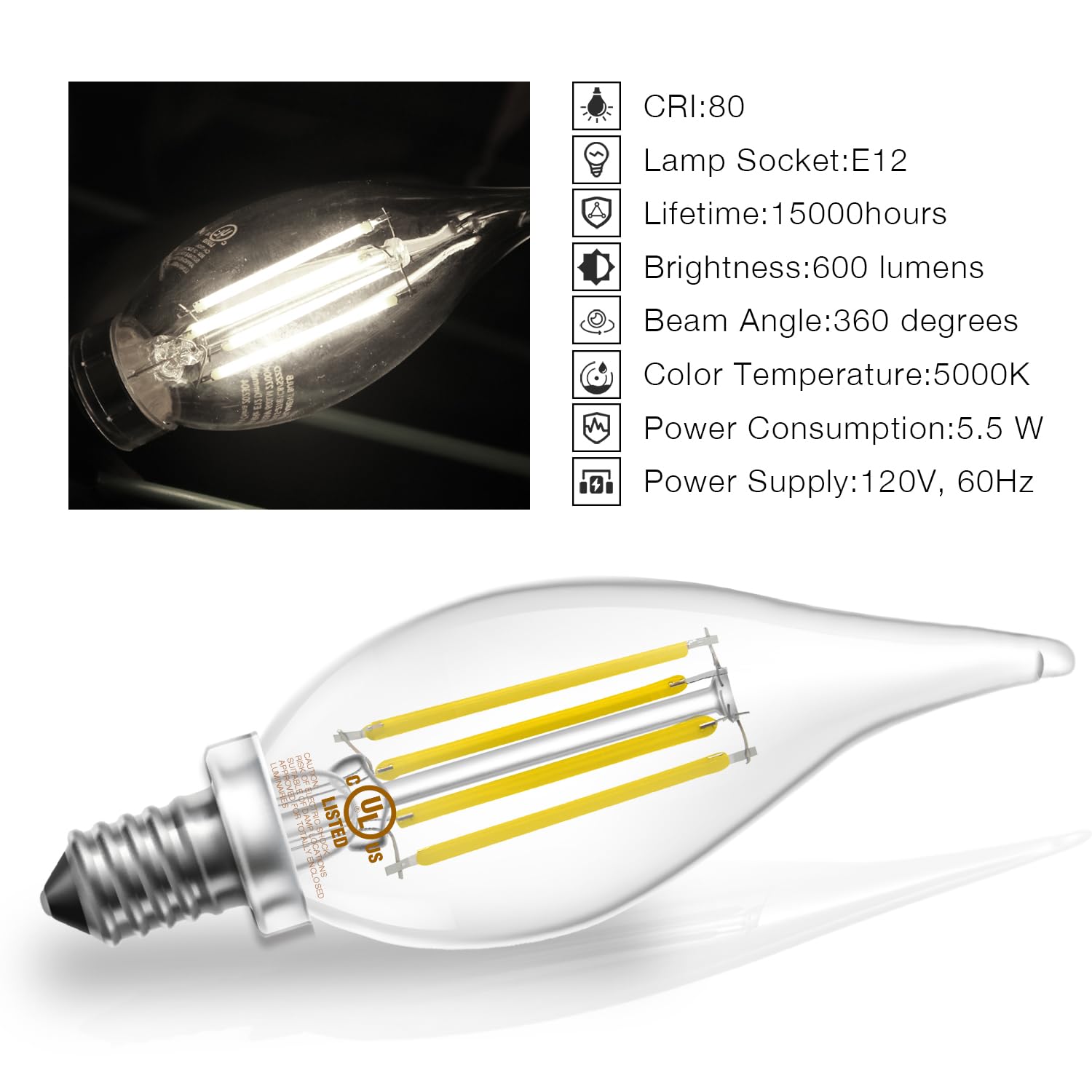 Daybetter Candelabra Light Bulbs,Chandelier Light Bulbs 60 Watt Equivalent, Dimmable E12 Led Bulb Daylight White 5000K, 5.5W 600Lm Ca11 Flame Tip Candle Light Bulbs 24 Pack