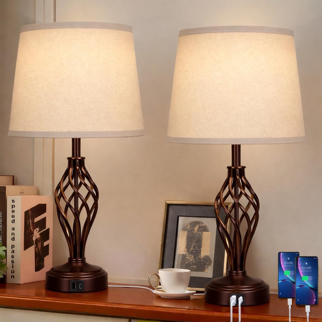 Ruiever Touch Table Lamps Set of 2  nightstand lamp with USB Ports Bedside 3 Way Touch dimmer Desk lamp for Living Room Bedroom Brown Plated Spiral cage Base Design Warm White dimmer Bulbs Included.