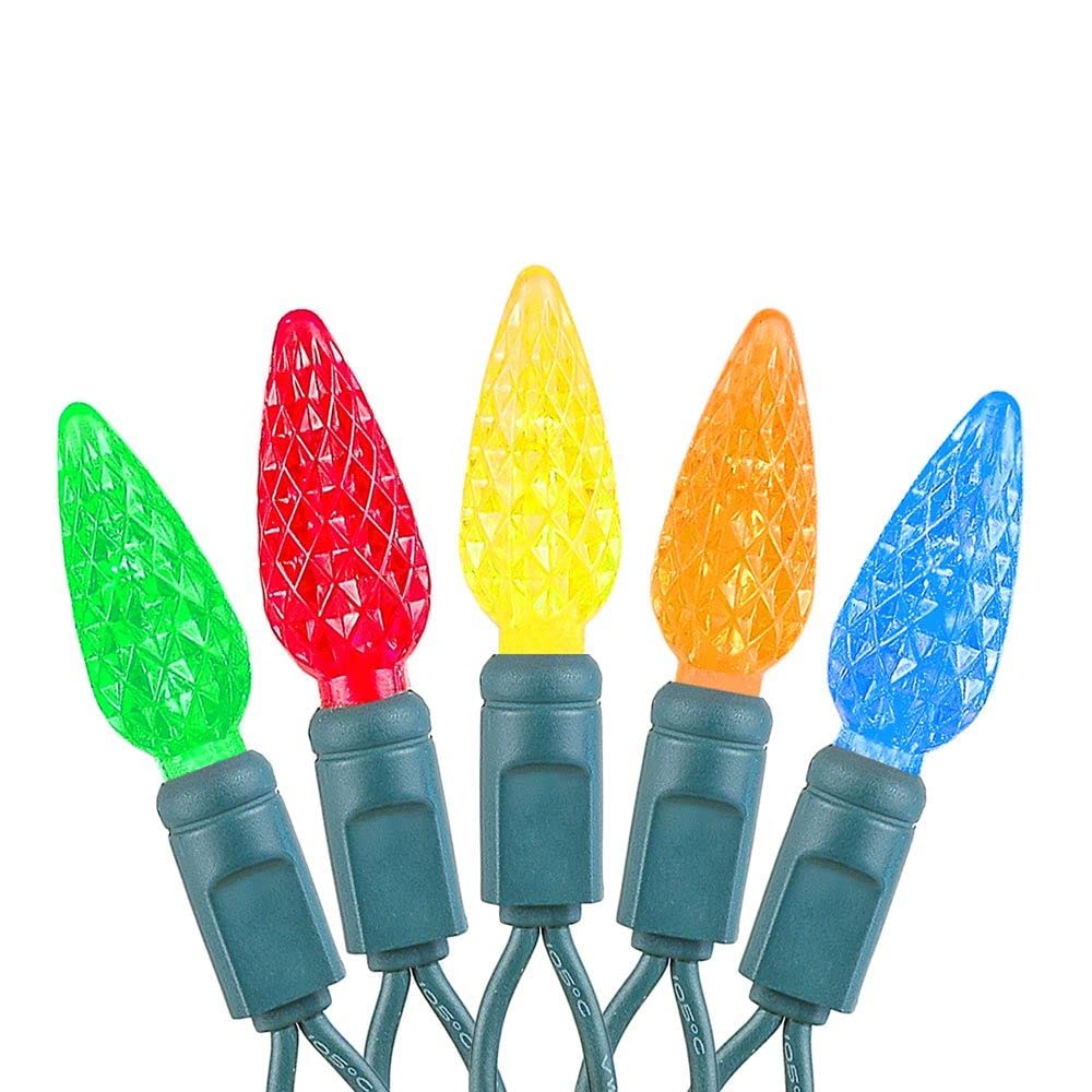 Novelty Lights C6 LED Christmas Mini Light Set, 70 Lights, 24 Feet, Multicolor, Green Wire, Commercial Grade